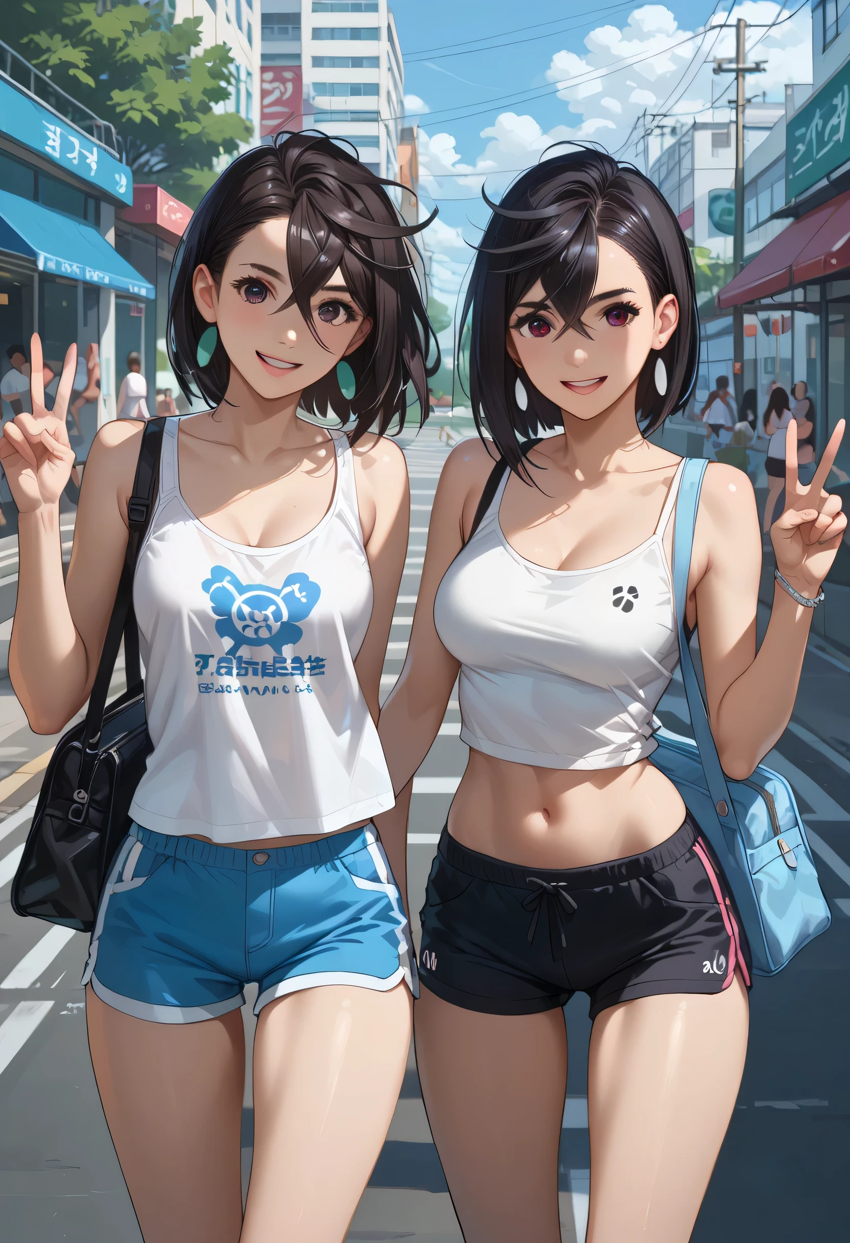 Ayase Momo smiles with a smile, ((two girls)), ((black hair and short hair)), ((The two are standing and peace sign)), (((short ivory tank)), ((short length ivory colored sexy tank Wearing the top))), ((((black running shorts))), belly button visible, facing the viewer, ((((wearing loose socks))), school Ground,