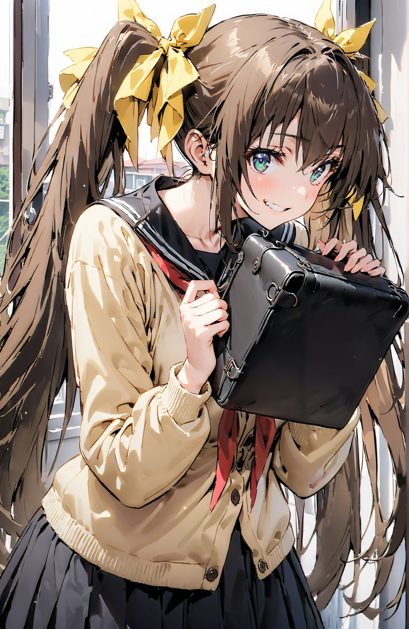 Spiritual Hidden Yellow, Huang Lingyin, long hair, brown hair,Alone, ribbon, twin tails, green eyes , hair ribbon, tooth, double teeth, grin , yellow cardigan ,Black sailor suit, Long Sleeve, black mini pleated skirt , Panties,ブラック Pantiesストッキング, loafers,風に揺れる long hair,Clothes are also swaying in the wind , and my arms are crossed, standing,Bossy,smile, and their mouths are wide open,whole bodyがイラストに入るように, break indoors, classroom,
break looking at viewer,whole body,
break ( Masterpiece:1.2), best quality , kampala, Unity 8K Wallpaper ,(shape:0.8),( fine, beautiful eyes :1.6),It's a person ,whole body写真,CG Details , ( perfect hands, complete anatomy),