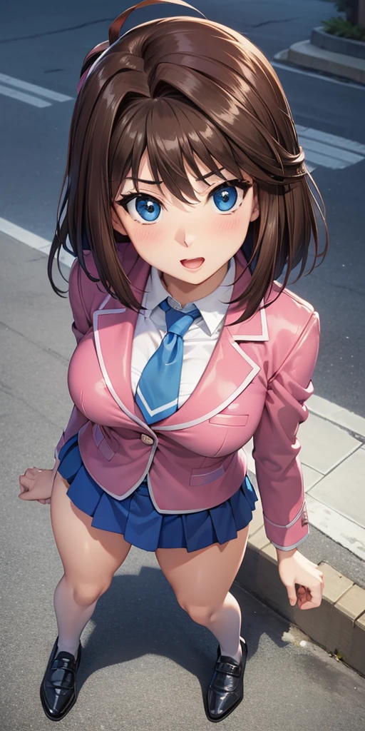 (masterpiece, highest quality, High resolution, 超High resolution, Perfect Pixel, Written boundary depth, 8k, About RTTX10.0), (One Woman:1.3), Cinema Lighting, Best Shadow, The best natural light, Cinematic, ((Smooth texture:0.75, Realistic texture:0.5, Anime CG Style)), Beautiful Anime Women, Beautiful art style, Anime characters, (One woman is lifting her skirt up by herself:1.4), ((Detailed face:1.2)), (Brown Hair, Short Twin Tails), Beautiful and big breasts, Slender body,Beautiful thighs, ((Navy Blue Blazer:1.2), White shirt, Checked Skirt, Red ribbon at neck), Embarrassed smile、Troubled face, close your knees, ((Stylish pink satin side-tie panties with lavish embellishments:1.3), (Pink base with white lace panties)), Diagonal side angle, Dynamic Angle, Sexy pose、Perfect Anatomy, Exact number of arms, Exact number of hands, Exact number of legs、(Schoolyard, Many people in the background々:1.3), Manga Design