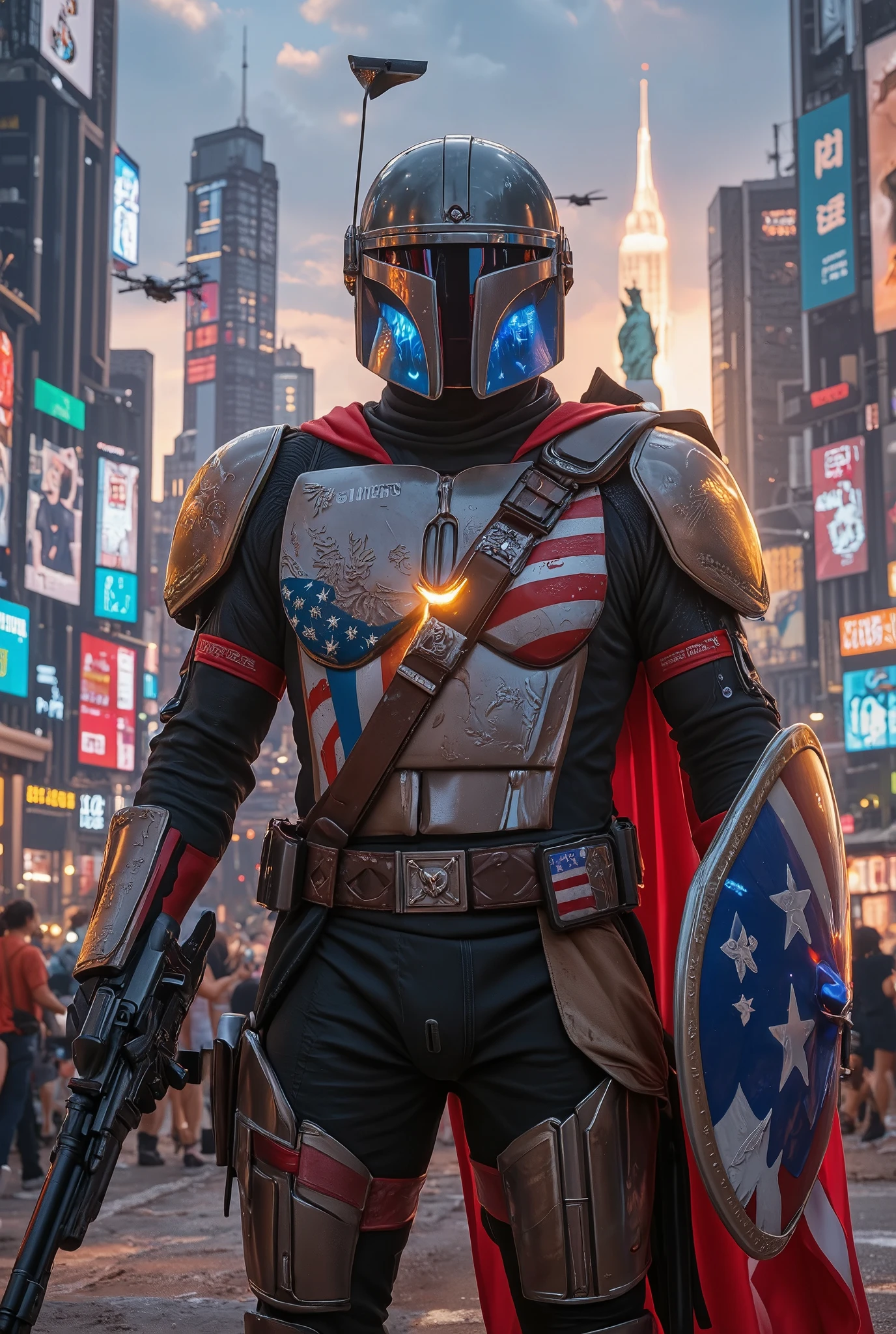 **Prompt:**  
"A hyper-realistic, highly detailed illustration of an American Mandalorian warrior standing proudly in a futuristic urban battlefield during the day. The warrior's armor is uniquely crafted, blending sleek cybernetic elements with cultural patterns inspired by Native American, Colonial, and Modern American motifs. The armor features bold red, white, and blue accents, along with intricate stars and stripes patterns that echo the American flag.  

The chest plate is emblazoned with an eagle emblem glowing faintly, while the helmet's T-visor reflects a holographic display of a futuristic cityscape. The warrior carries a plasma rifle with engravings of historical American symbols and a shield that projects holographic patterns resembling the national flag.  

In the background, a vibrant futuristic city is bustling with life, showcasing towering skyscrapers adorned with digital screens, blending traditional and modern American culture. Drones and advanced vehicles zip through the skies, while a glowing monument resembling a futuristic Statue of Liberty stands tall in the distance. The scene captures the essence of pride, resilience, and innovation."