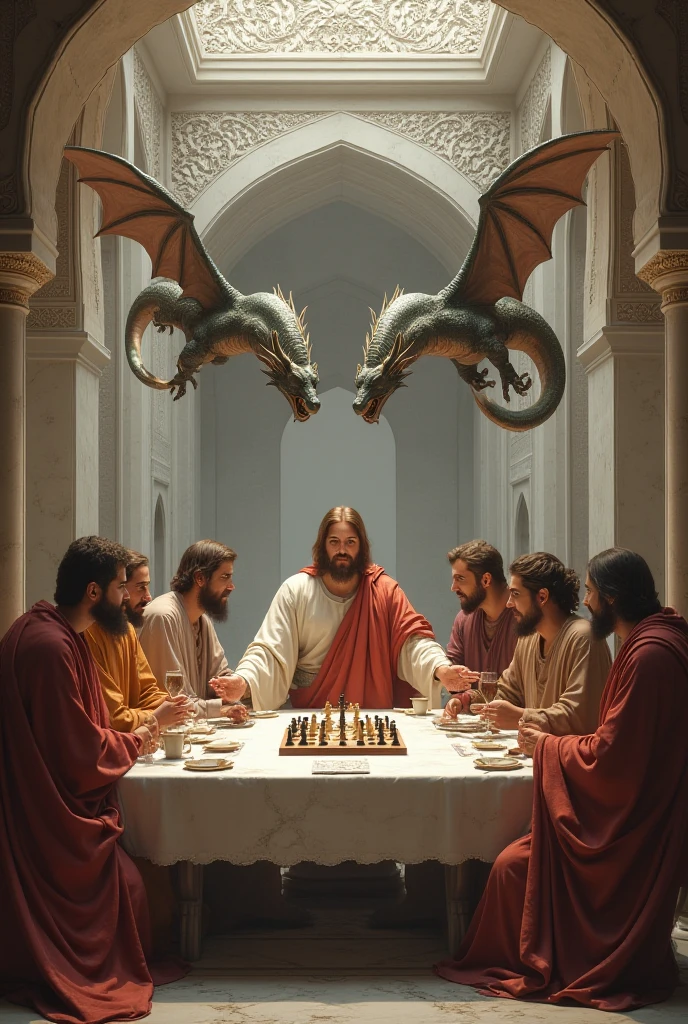 change all people in the last supper painting to, 
angel with wings, 
alien with big eyes, 
satan with smile face has horny forhead, gokou with supersaiyan god, 
mr bean young,  and the middle is jesus mohank hair
and other change to devil and alien
and all of background and table theme to the last supper