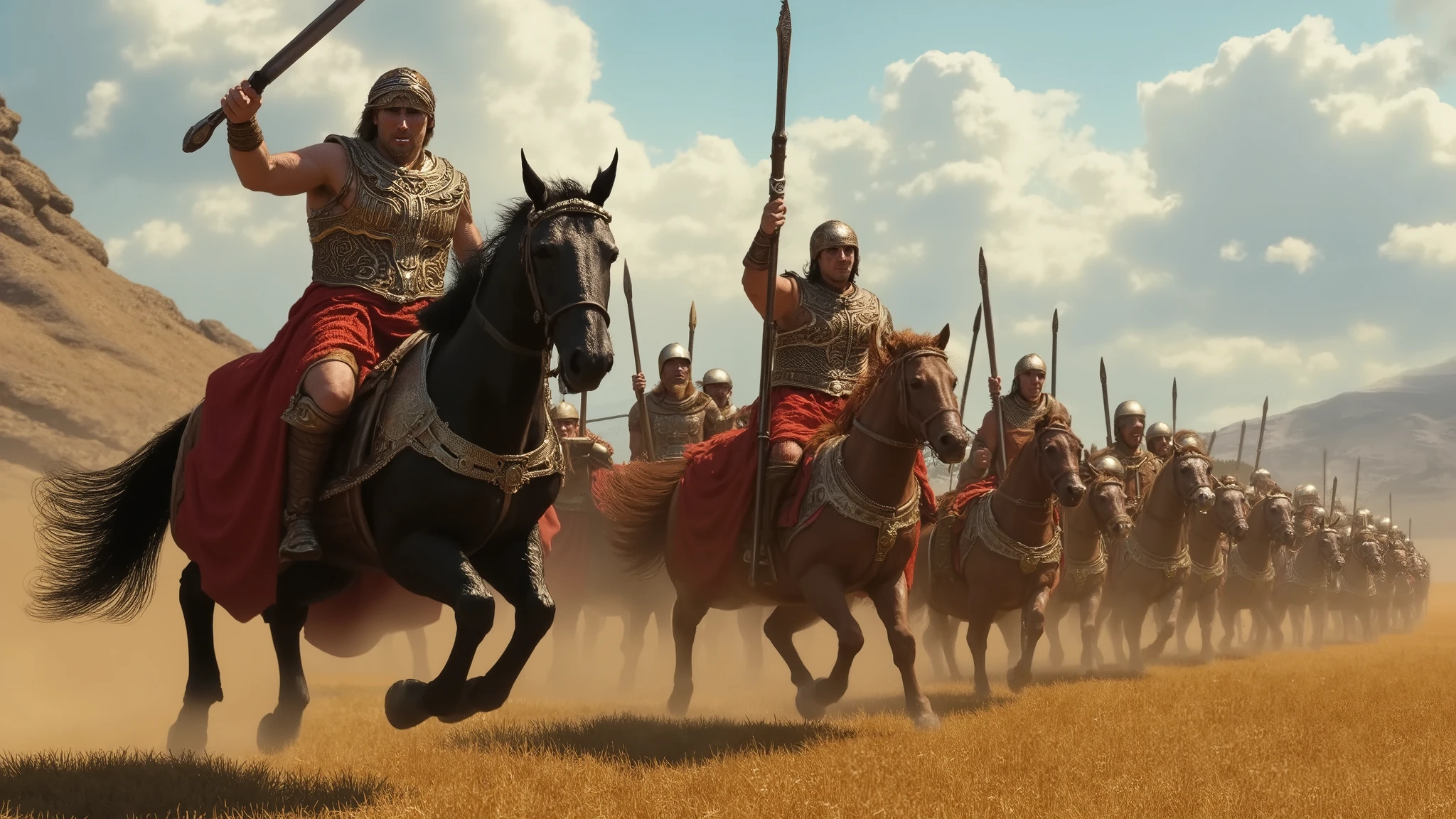 The Thracian king in his black horse, followed by soldiers on chestnut horses. The king is pointing his sword forward, giving the order to attack, and shouting furiously. dark and realistic style.