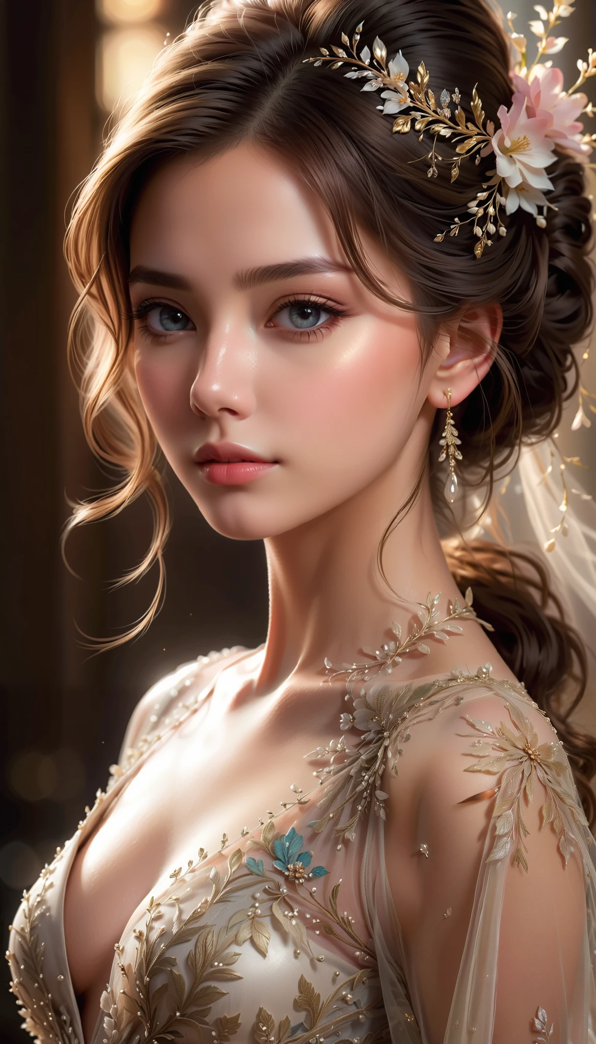 1girl, detailed gorgeous face, delicate features, beautiful detailed eyes, beautiful detailed lips, extremely detailed face, long eyelashes, elegant hairstyle, intricate hair ornaments, flowing dress, graceful pose, serene expression, ethereal beauty, soft lighting, warm color palette, chiaroscuro lighting, cinematic composition, digital painting, highly detailed, photorealistic, 8k, masterpiece