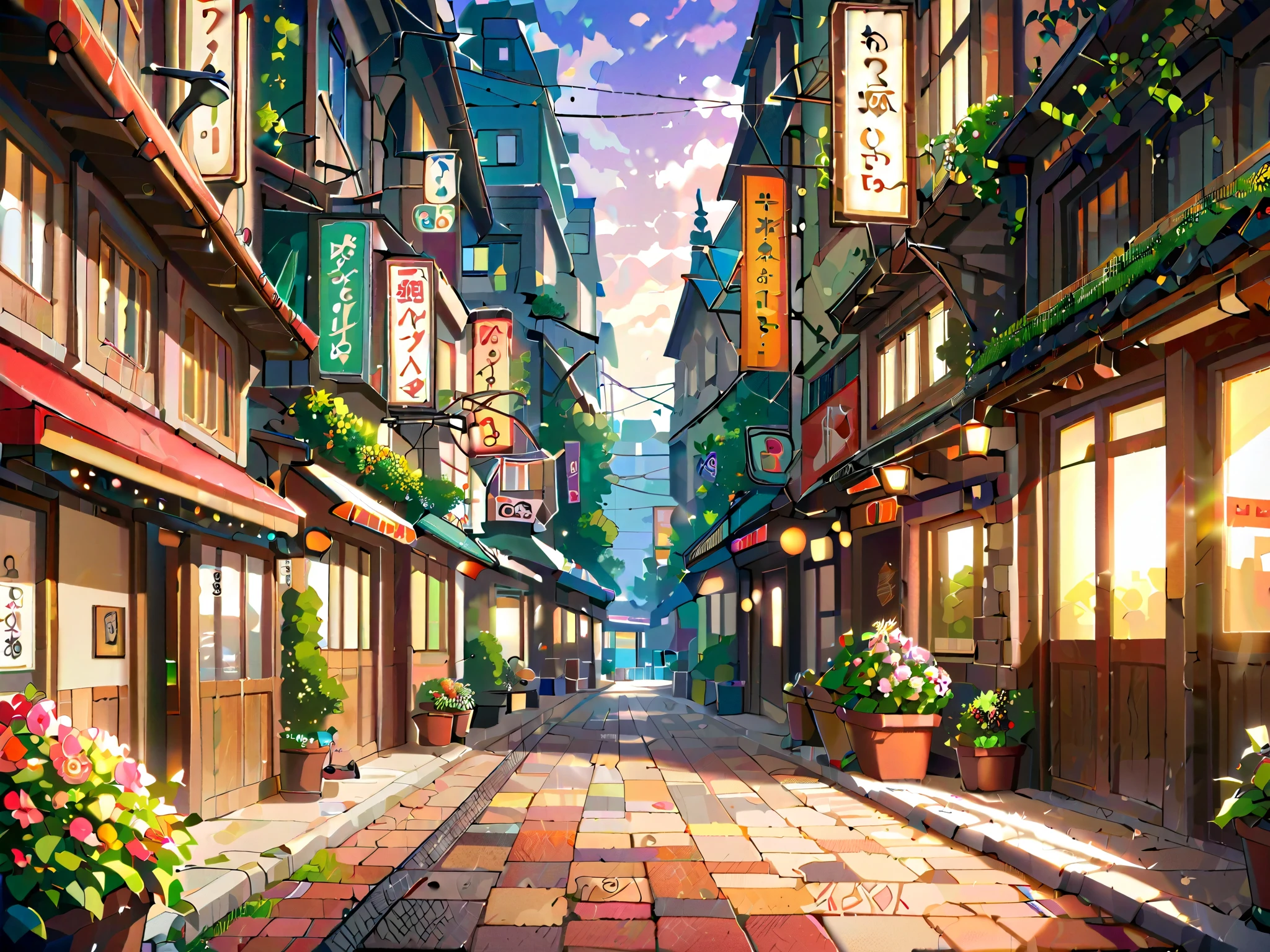 「 fantasy town at dawn 」
when the blue-purple sky begins to turn white 、 fantastic cityscape with cobblestone paths 。 House with colorful roofs々for、 ivy and flowers are entwined 、 the street lights are faintly lit 。 遠くfor塔があり、 The city is like a fairy tale 。 There is a slight fog 、 It creates a strange atmosphere。