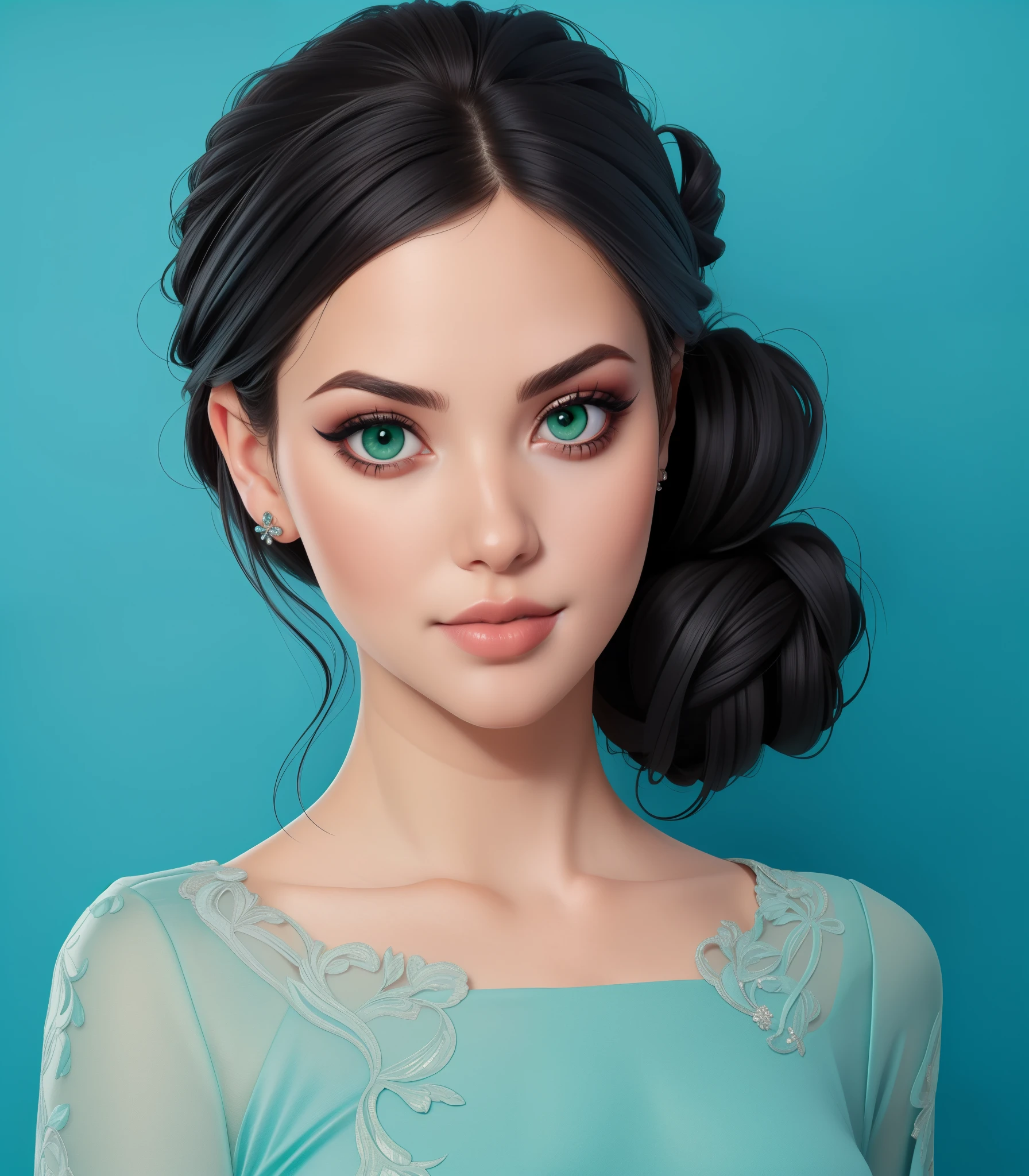 black updo hair, green eyes, mature, full lips, solo, upper body, looking at viewer, elegant dress, blue background, simple background,