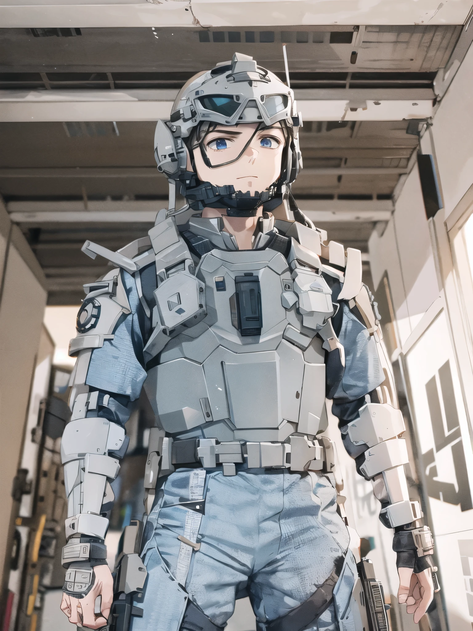 cool white anime boy cute young tactical armor pose foward