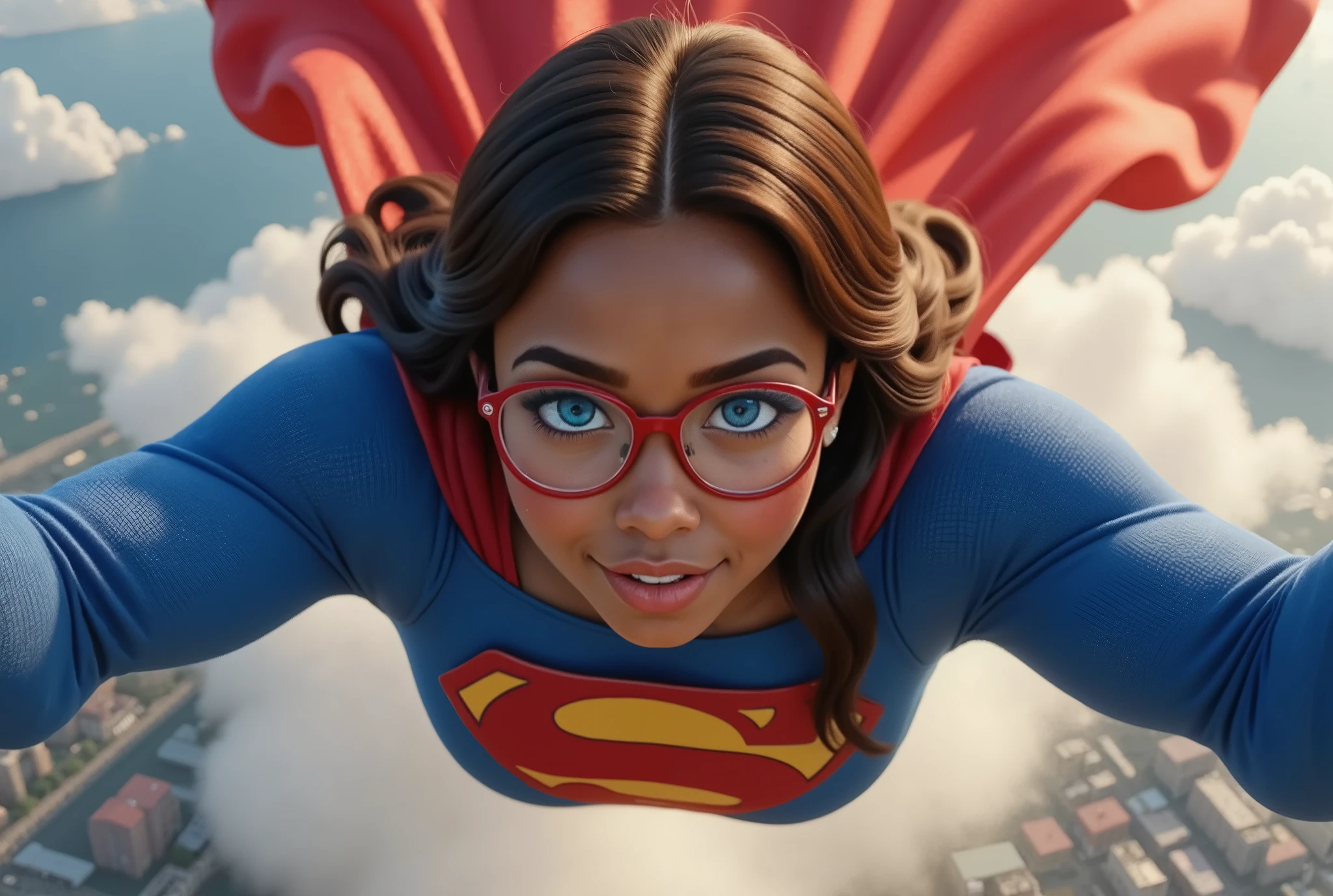 (TOP DOWN POV) GORGEOUS BLUE EYES. Imagine it's 1989. A young, -yeld Bl girl, dark-skinned and radiating pure joy, soars through the air. She's decked out in a brand-new Superman suit, the latest model, a treasure she clearly cherishes. This isn't cosplay or irony; this suit represents everything she loves about Superman, the ideals he embodies, the hope he inspires. The cape billows behind her, catching the wind like a vibrant flag. She's flying high above, not with arrogance, but with a sense of wonder, a like glee in the experience. Focus on her face, her long, flowing hair dancing in the wind. She's wearing a pair of red, almost futuristic glasses, but they can't hide the vibrant, sexy blue of her eyes, sparkling with excitement as she looks down at the viewer, sharing this incredible moment. Describe the scene in vivid detail, capturing the feeling of flight, the power of the suit, and the genuine, unadulterated fandom shining in her eyes. What does the world look like from up there? What thoughts are racing through her mind? Capture the essence of 1989, the vibe, the music, maybe even a glimpse of a boombox playing somewhere far below. This isn't just about a girl in a Superman suit; it's about the power of dreams, the escape of fantasy, and the joy of embracing what you love. Make it personal, intimate, like a snapshot of a cherished memory.
