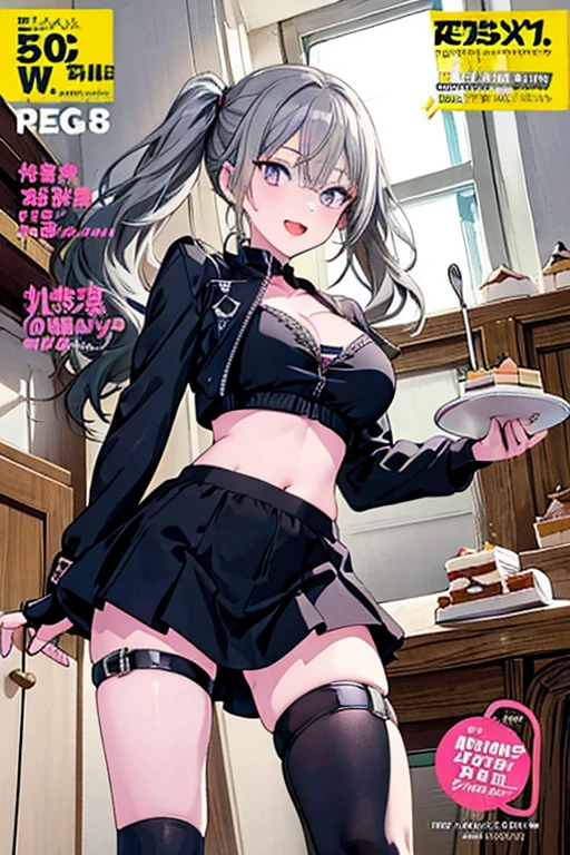 1 girl, small nose, very beautiful detailed face and eyes, bright colors, cute face, delicate beautiful face, Bright magenta eyes, cute eyes, sparkling eyes, Big eyes, (small breasts:1.3), (perky chest:1.1), (pointed chest:1.0), (cake magazine cover:1.3),highest quality, WorKs of masters, High resolution,BlacK color hair,shiny hair, side ponytail,hair between eyes,bangs, (black jacket, real clothes, cleavage, black skirts, black thighhighs, thigh strap, fingerless gloves, single glove:1.2) , spread legs, panties shot, medium hips, glamorous body, white skin, smile, thin pubric hair, super beautiful face, Super beautiful eyes, Super beautiful hair,trendy outfit,sexy and attractive,full body esbian, Real World, Natural light,perfect Natural light,(with sparkling eyes and a contagious smile), This masterpiece is not only visually stunning but also tells, A scene of cooking in the kitchen, open mouth, looking at viewer,
