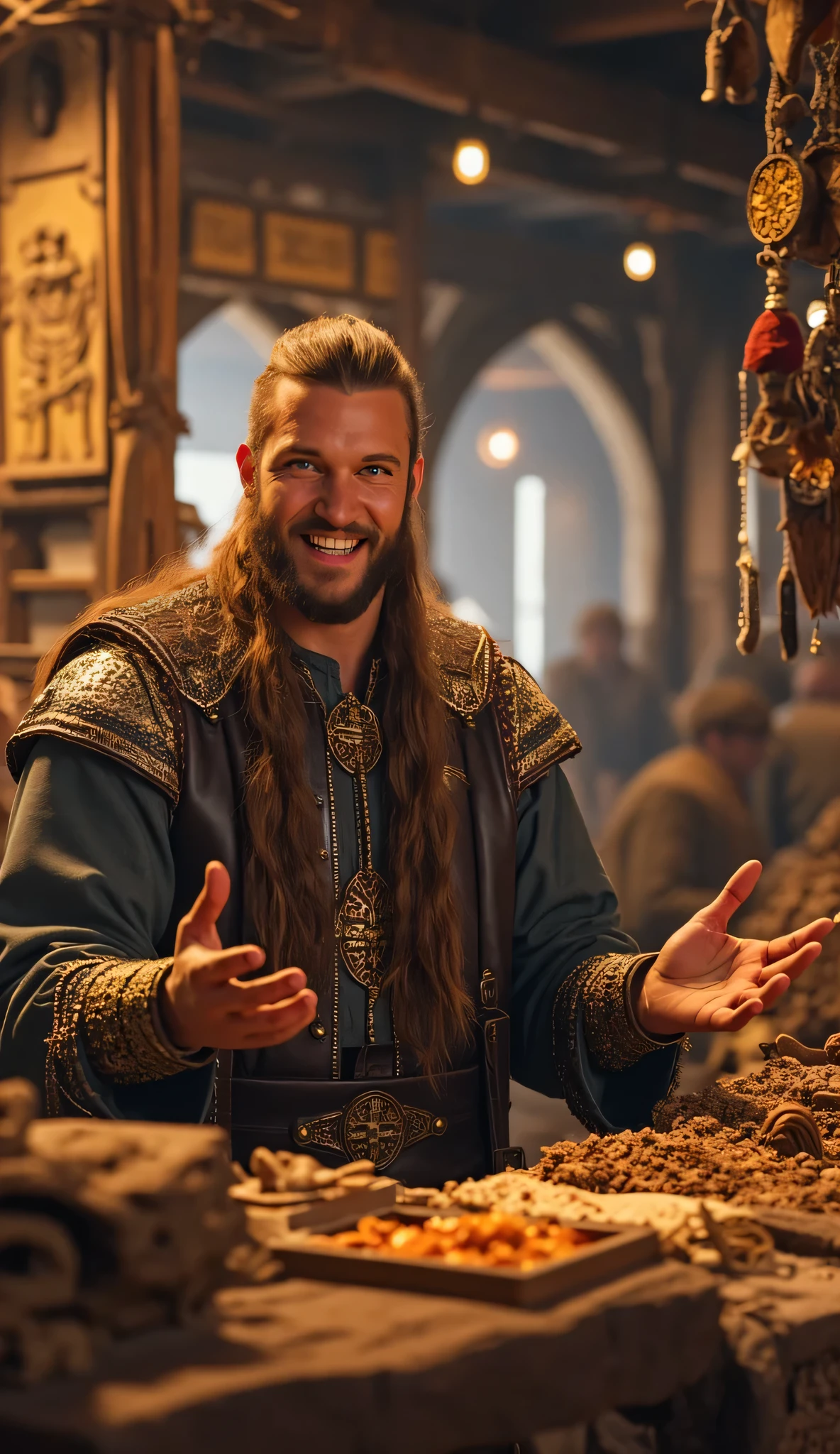 Prompt: medieval era, Create a stunning ultra HD 8K image using Unreal Engine 5 that features a symmetrically panoramic scenery balanced composition of a realistically handsome Viking male merchant in full body. He is warmly engaging with customers in his merchant shop, surrounded by intricately highlighted goods. The scene should capture a cheerful and life-like expression on his face, showcasing the joy of trading in an ancient medieval Viking port. The background should be a beautifully detailed Viking port, rendered with intricate symmetry and leading lines to draw the viewer's eye. Use the best soft lighting to enhance the realism, ensuring the full depth of field is achieved. Pay special attention to the anatomical accuracy of his hands, showcasing meticulous detail in the rendering of human fingers. Additionally, incorporate elements like shiny hair and a vibrant atmosphere to create a lifelike ambiance, resembling high-quality artwork typically found on platforms like ArtStation and DeviantArt.