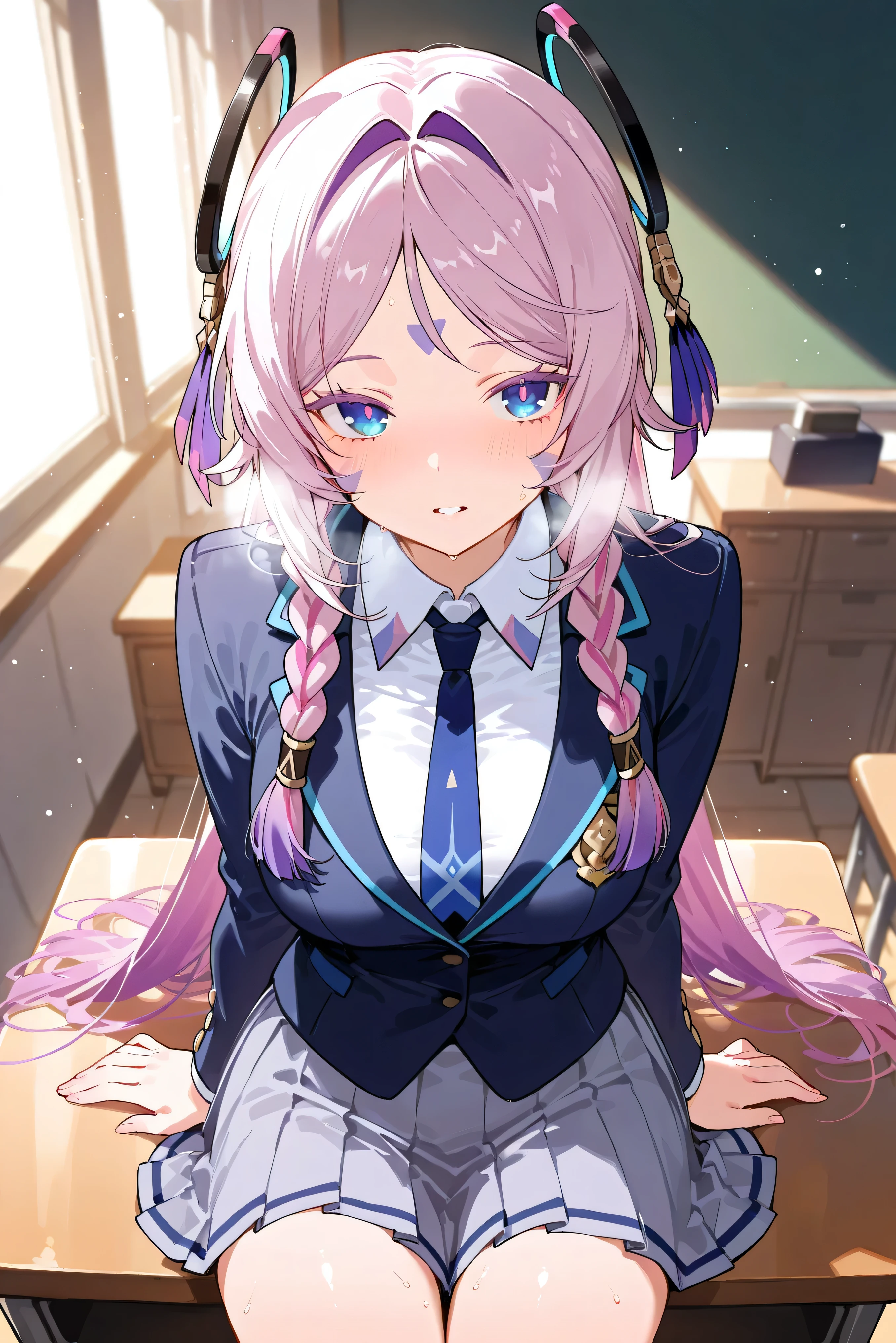 score_9, score_8_up, score_7_up, masterpiece, best quality, very aesthetic, absurdres, tunning image, light particles, attractive image, 1girl, adult grown woman, cowboy shot, citlali \(genshin impact\), pink hair, purple hair, multicolored hair, twin braids, hair intakes, blue eyes, forehead mark, lavender eyelashes, pink pupils, headgear, long hair, colored eyelashes, heavy breathing, masterpiece,best quality,amazing quality, 5 fingers, alternate costume, An anime character dressed in a Chic High School Uniform, featuring a tailored navy blazer with a school crest on the left chest, paired with a crisp white shirt and a burgundy ribbon tie. The pleated gray skirt falls just above the knees, maintaining an elegant and modern look. sitting on desk