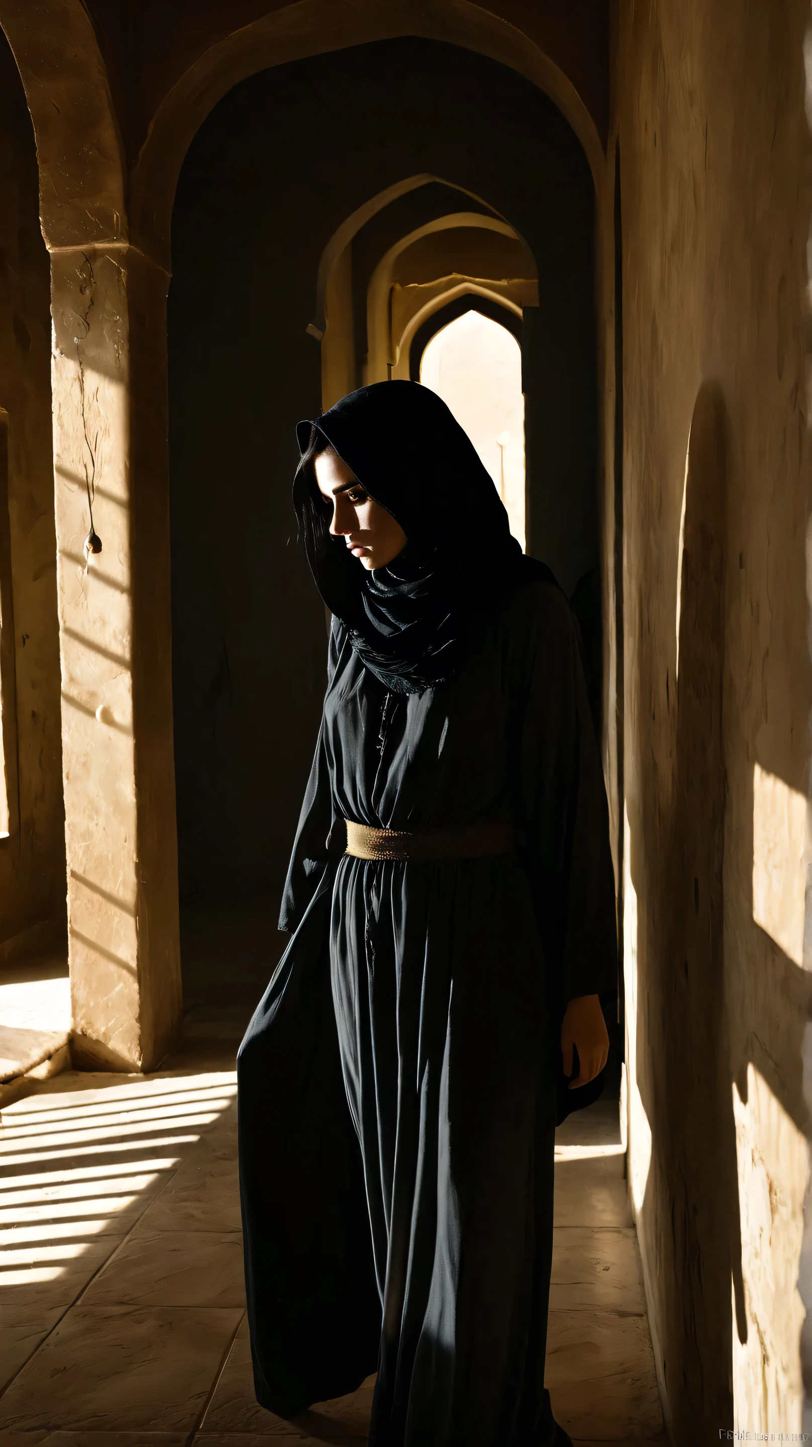 RAW photo,dark,moody,35mm focal lenght,underexposed,cold,candid photograph,artistic perspective,full body,photo of a beautiful,influencer,35yo Kurdish woman,black hijab, detailed skin,naked, looking away from viewer, thick body structure,grey background,standing in a dark hallway,light at the end, candid pose,dim room,blue light, film grain, kodak color, instagram LUT
