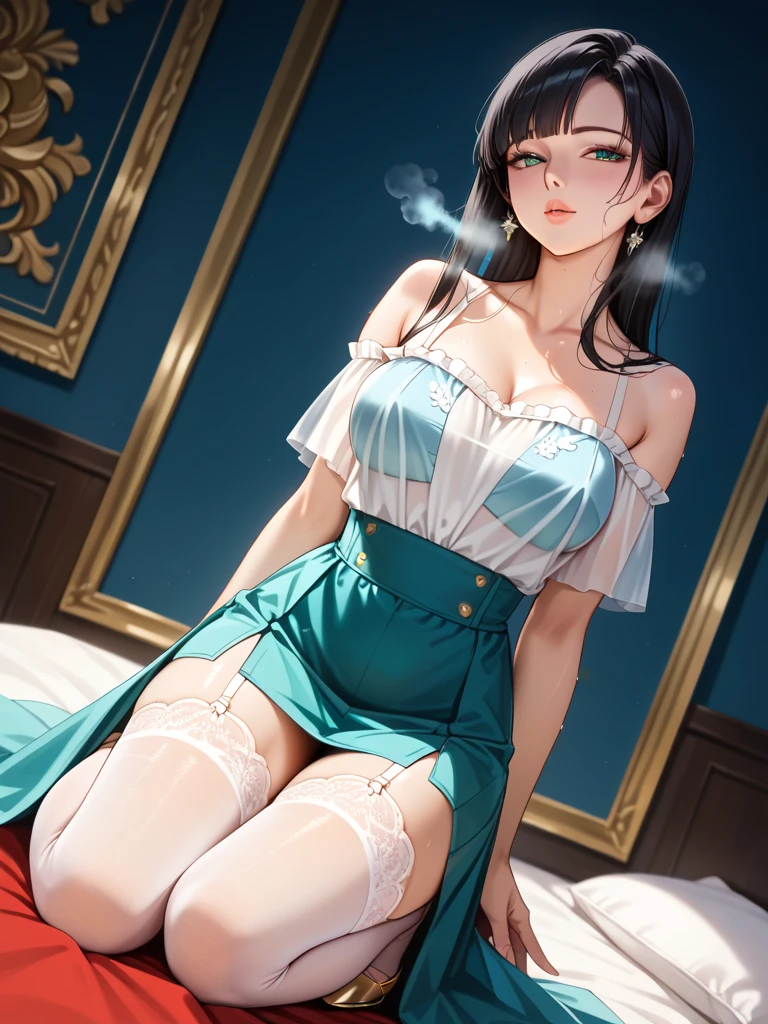 Howard Chandler Christy, photorealistic, highly detailed, ray traced, rendered, Masterpiece, extremely detailed, young pretty woman, black hair, green eyes, maid dress, fishnet tights, bare breasts, puffy nipple, small breasts, sexual suggestive, breasts hugging, sitting on sofa, full body
