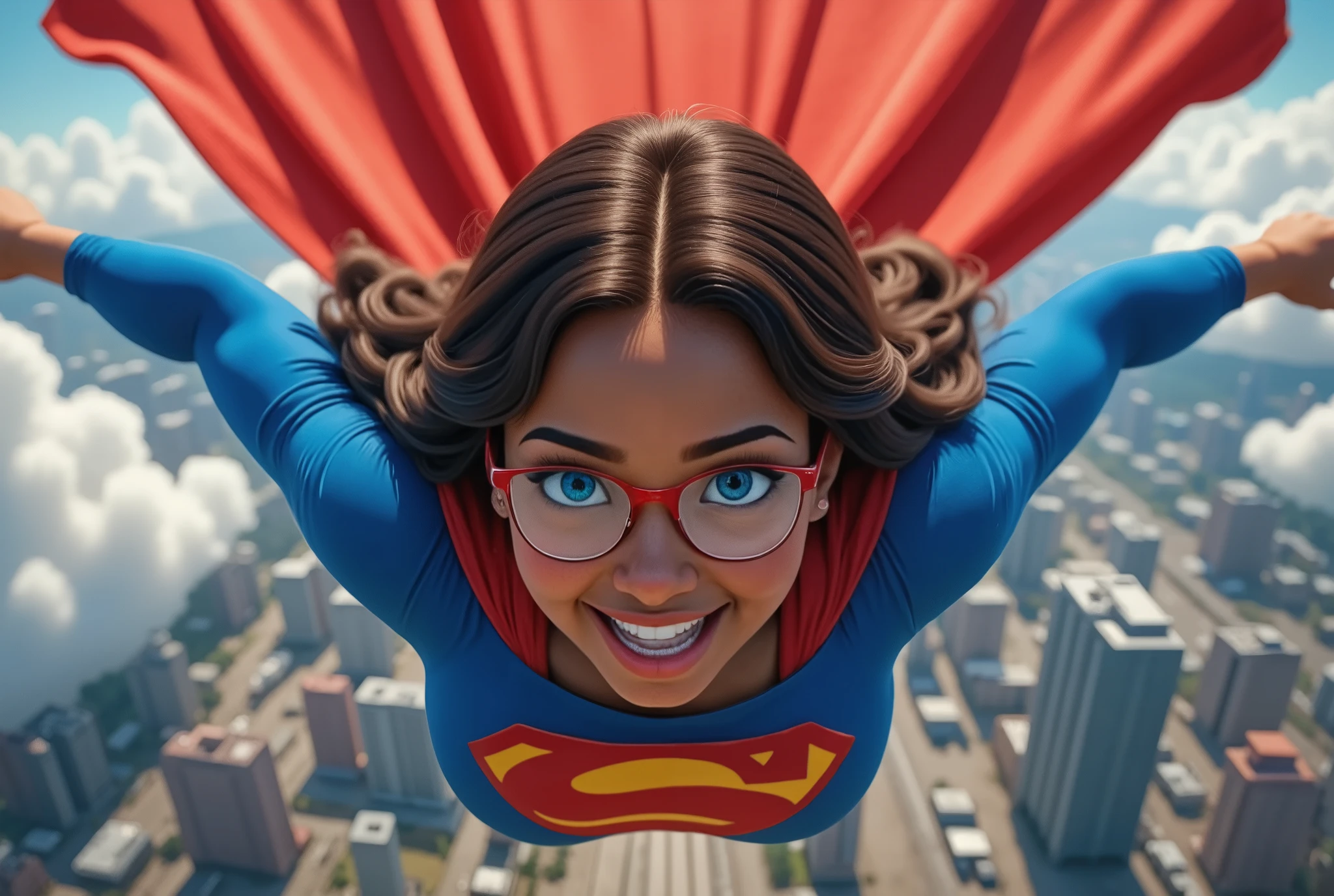 MULTI VIEW (TOP DOWN POV) GORGEOUS BLUE EYES. Imagine it's 1989. A young, -yeld Bl girl, dark-skinned and radiating pure joy, soars through the air. She's decked out in a brand-new Superman suit, the latest model, a treasure she clearly cherishes. This isn't cosplay or irony; this suit represents everything she loves about Superman, the ideals he embodies, the hope he inspires. The cape billows behind her, catching the wind like a vibrant flag. She's flying high above, not with arrogance, but with a sense of wonder, a like glee in the experience. Focus on her face, her long, flowing hair dancing in the wind. She's wearing a pair of red, almost futuristic glasses, but they can't hide the vibrant, sexy blue of her eyes, sparkling with excitement as she looks down at the viewer, sharing this incredible moment. Describe the scene in vivid detail, capturing the feeling of flight, the power of the suit, and the genuine, unadulterated fandom shining in her eyes. What does the world look like from up there? What thoughts are racing through her mind? Capture the essence of 1989, the vibe, the music, maybe even a glimpse of a boombox playing somewhere far below. This isn't just about a girl in a Superman suit; it's about the power of dreams, the escape of fantasy, and the joy of embracing what you love. Make it personal, intimate, like a snapshot of a cherished memory.
