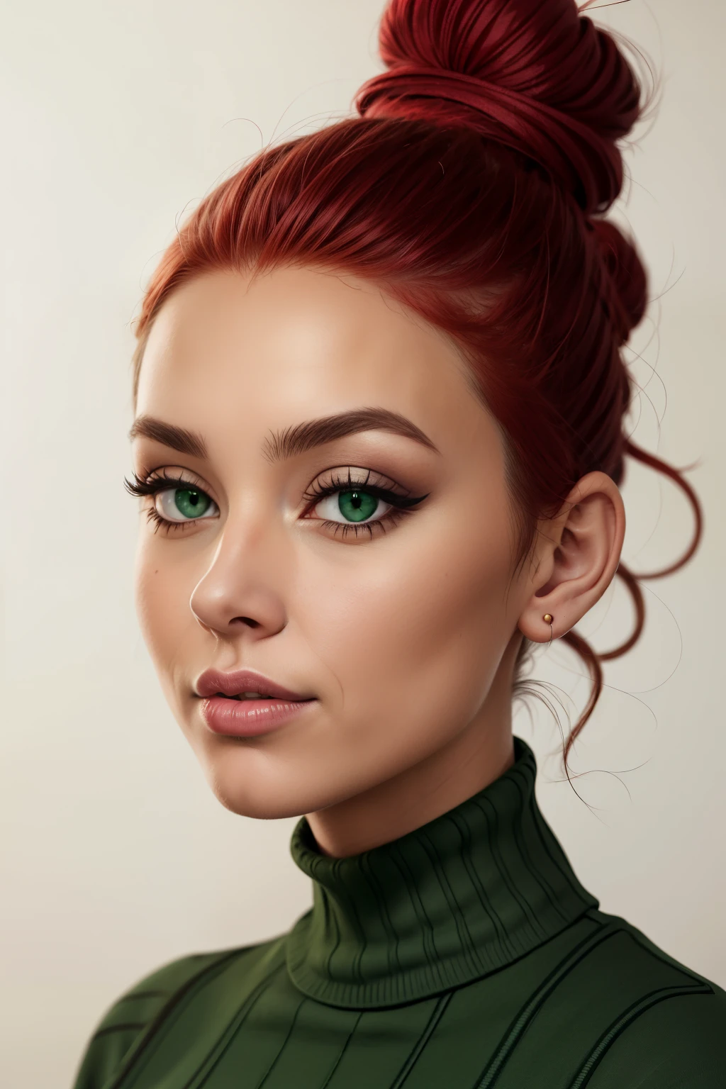 AgnesJohnson, red hair, single hair bun, eyeshadow, black eyes, 1girl, solo, masterpiece, realistic, high quality, detailed, green turtleneck sweater, large breasts, upper body, portrait, blank background