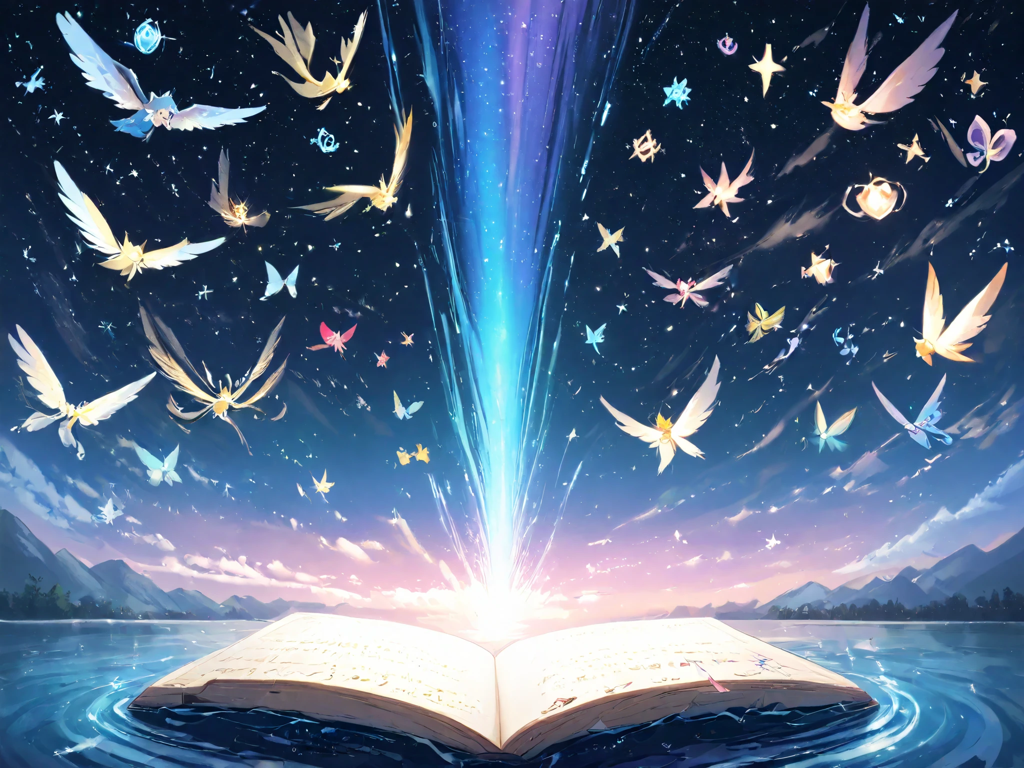 「 Magical Village 」
 Magical Light like an aurora on the way in the night sky、 An Island Floating in the Air 々 visible 。 The stone house is engraved with luminous runes 、 Flying books and small magical creatures fly around 。River water shines pale 、 Flowing Slowly with Magical Power 。 An Island Floating in the Sky 、 Mysterious Magical Village 。