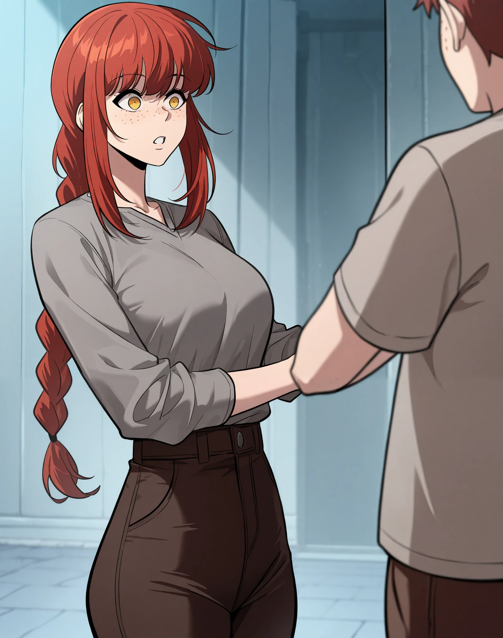 1woman, CARTOON_barbara_ownwaifu,cell Shading,anime coloring,black tank top, aulted by a scary man,masterpiece,best quality,.ownwaifu.com,long hair,glasses,red hair,blue eyes,black-framed eyewear,breder-rim eyewear,semi-rimless eyewear, curvy, toned, large breasts, naist, (((she is brutally knocked on the face:1.2))), (((man punching her cheek:1.2))), (((knocked in the face))), (((assaulted))), pai(((her cheek is deformed by the violent impact:1.3))), (((strangled woman view:1.2))), (((torn clothes))), (((exposed naked breasts))), (( stranovement effect:1.2)))