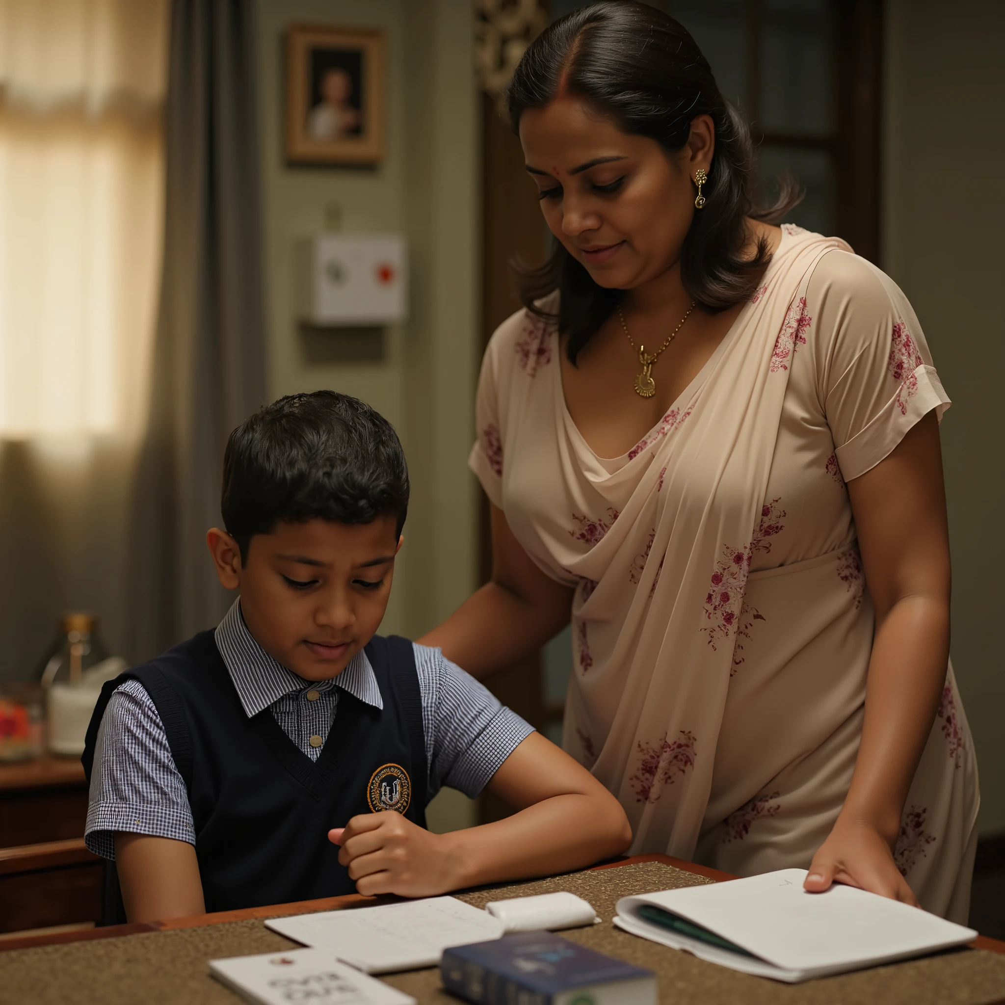 A indian boy with young lady tution teacher,boy with school uniform because after school,he studying,she is standing,lady teacher checking his books with wearing pale rose printed relax long night gown,large U cut gown,normally transparent gown,she has milf breasts,hanging breasts,ultra real,in old poor living roon with evening light,8K
