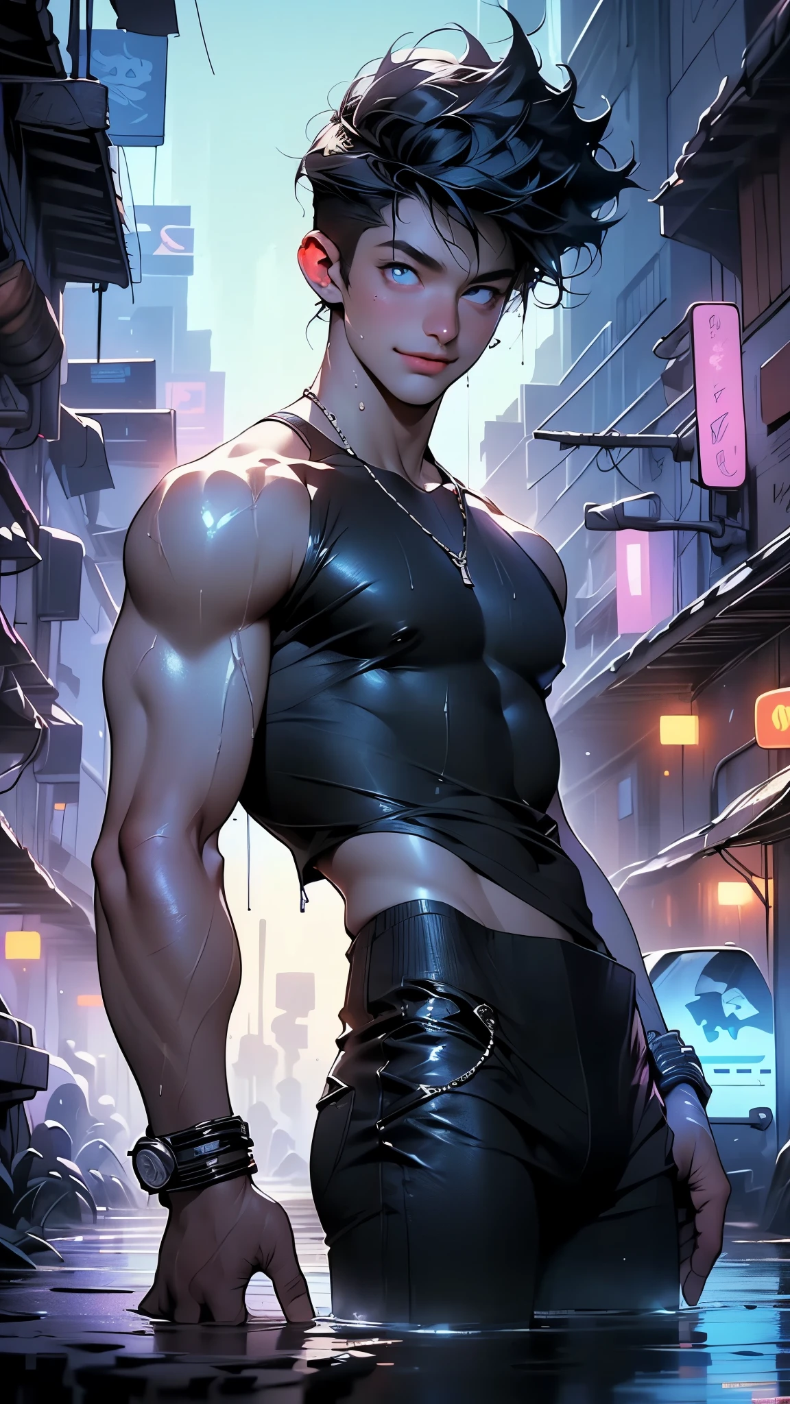 Ultra-high-definition picture quality. Ultra high resolution, bright light ((extremely detailed CG unity8k wallpaper)|game_cg|masterpiece|best quality|illustration| {High resolution}|fine painting|aesthetic painting|high detail, beautiful detailed eyes, detailed face, detailed skin, Cyberpunk, a young and handsome model, boy, short hair, abs, belly hair, thong, standing on the rooftop, The covered by the thong looms,