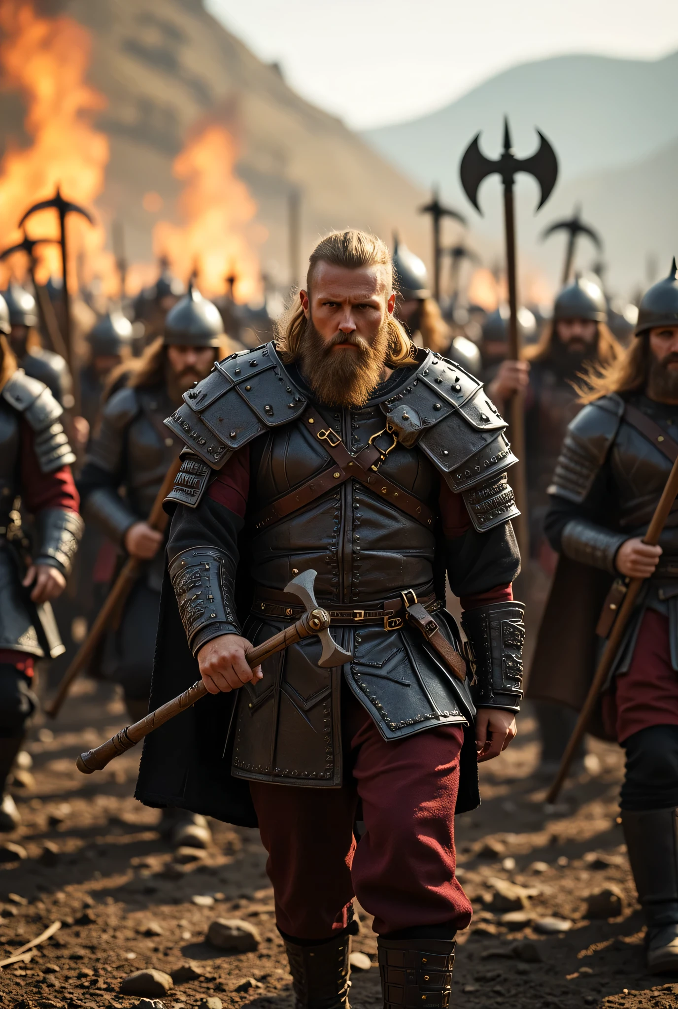 **Prompt:** Create an intricately detailed landscape scene of a Viking raiders tribe army during the medieval age, showcasing hyper-realism and a symmetrical composition. Capture the scene from an ultra-wide angle to immerse the viewer in this burning medieval village scenery. Illustrate the Viking raiders, clad in full armor, as they march into battle with fierce determination, wielding intricately designed holding battle axes. Emphasize dynamic leading lines that guide the eye through the image, highlighted by a rich UHD ambiance and a mixed lighting concept that enhances the realism of their expressions. Pay special attention to accurate group of human anatomy, focusing on their hands as they march orderly for combat. Zoom out to reveal the entire battle unit in all its fierce, ensuring a depth of field that enhances the visual impact. Utilize state-of-the-art 3D CGI textures to vividly bring this Viking tribe to life in a visually stunning piece of FantasyPunkAi Artwork.