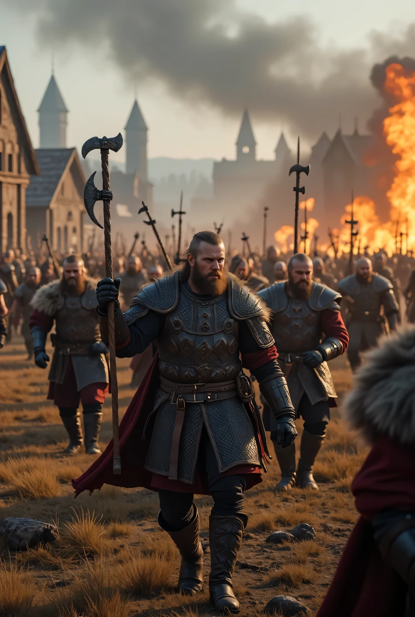 **Prompt:** Create an intricately detailed landscape scene of a Viking raiders tribe army during the medieval age, showcasing hyper-realism and a symmetrical composition. Capture the scene from an ultra-wide angle to immerse the viewer in this burning medieval village scenery. Illustrate the Viking raiders, clad in full armor, as they march into battle with fierce determination, wielding intricately designed holding battle axes. Emphasize dynamic leading lines that guide the eye through the image, highlighted by a rich UHD ambiance and a mixed lighting concept that enhances the realism of their expressions. Pay special attention to accurate group of human anatomy, focusing on their hands as they march orderly for combat. Zoom out to reveal the entire battle unit in all its fierce, ensuring a depth of field that enhances the visual impact. Utilize state-of-the-art 3D CGI textures to vividly bring this Viking tribe to life in a visually stunning piece of FantasyPunkAi Artwork.