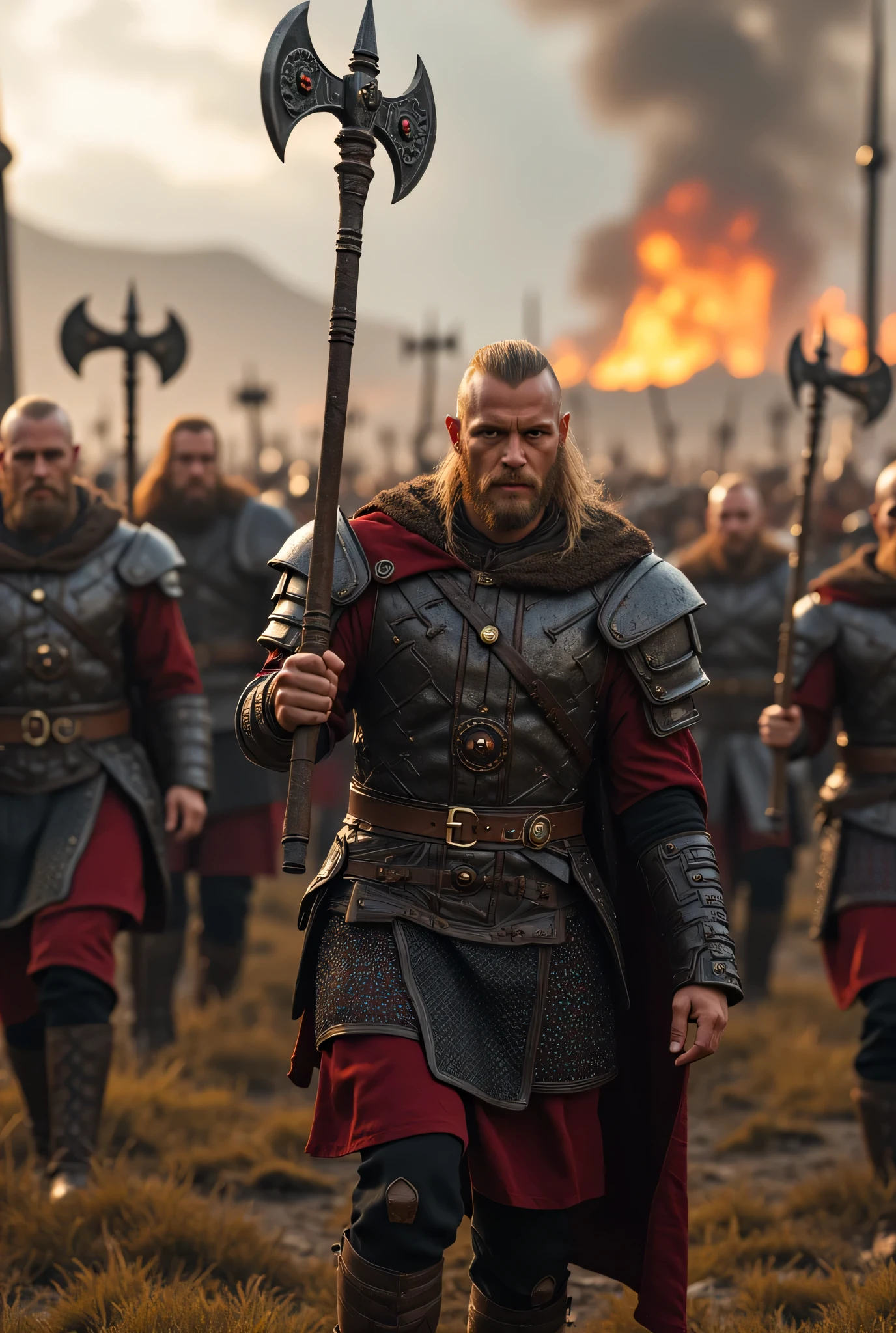 **Prompt:** Create an intricately detailed landscape scene of a Viking raiders tribe army during the medieval age, showcasing hyper-realism and a symmetrical composition. Capture the scene from an ultra-wide angle to immerse the viewer in this burning medieval village scenery. Illustrate the Viking raiders, clad in full armor, as they march into battle with fierce determination, wielding intricately designed holding battle axes. Emphasize dynamic leading lines that guide the eye through the image, highlighted by a rich UHD ambiance and a mixed lighting concept that enhances the realism of their expressions. Pay special attention to accurate group of human anatomy, focusing on their hands as they march orderly for combat. Zoom out to reveal the entire battle unit in all its fierce, ensuring a depth of field that enhances the visual impact. Utilize state-of-the-art 3D CGI textures to vividly bring this Viking tribe to life in a visually stunning piece of FantasyPunkAi Artwork.