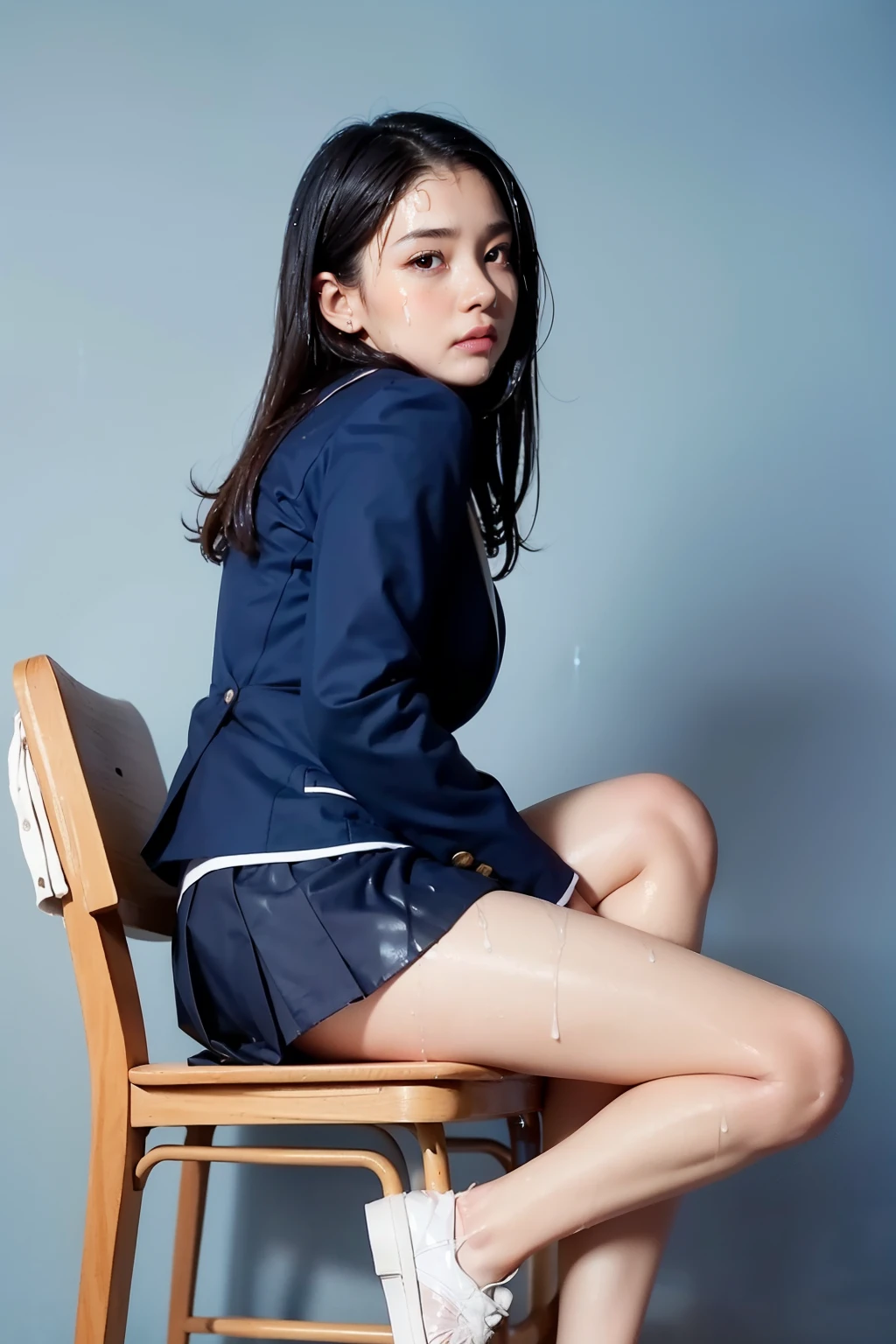 ((Realistic lighting, best qualtiy, 16k, tmasterpiece:1.3)), sharp fokus:1.2, young 17 years old,Beautiful Women with Perfect Figure:1.4, Slim abs:1.1, ((dark brown hair)), (Blue flight attendant suit,Blue flight attendant hat:1.4),(Plain background:1.1),squatting pose,Nice looking high heels,Ultra-fine face,Fine eyes,二重まぶた, White legs