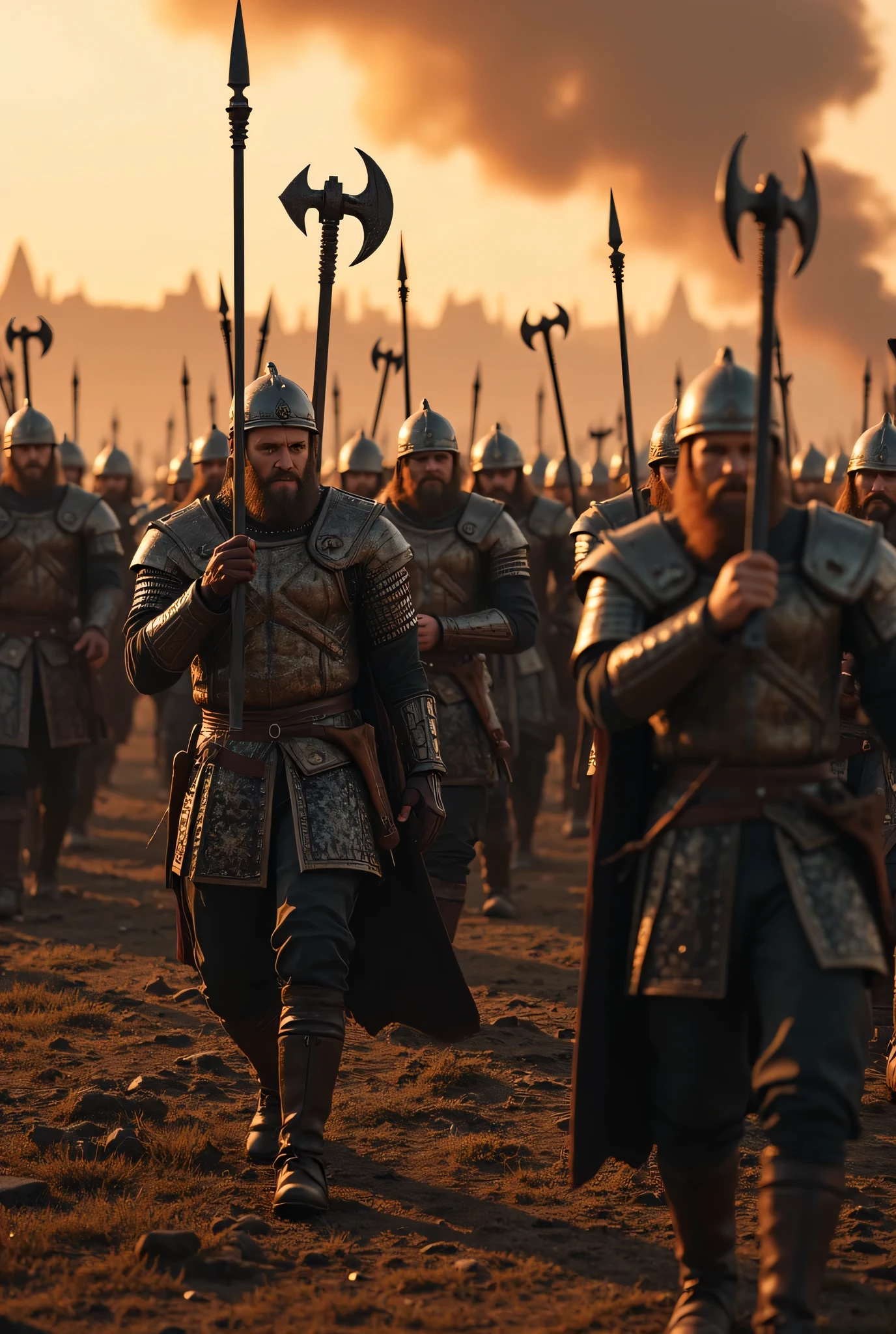 **Prompt:** Create an intricately detailed landscape scene of a Viking raiders tribe army during the medieval age, showcasing hyper-realism and a symmetrical composition. Capture the scene from an ultra-wide angle to immerse the viewer in this burning medieval village scenery. Illustrate the Viking raiders, clad in full armor, as they march into battle with fierce determination, wielding intricately designed holding battle axes. Emphasize dynamic leading lines that guide the eye through the image, highlighted by a rich UHD ambiance and a mixed lighting concept that enhances the realism of their expressions. Pay special attention to accurate group of human anatomy, focusing on their hands as they march orderly for combat. Zoom out to reveal the entire battle unit in all its fierce, ensuring a depth of field that enhances the visual impact. Utilize state-of-the-art 3D CGI textures to vividly bring this Viking tribe to life in a visually stunning piece of FantasyPunkAi Artwork.