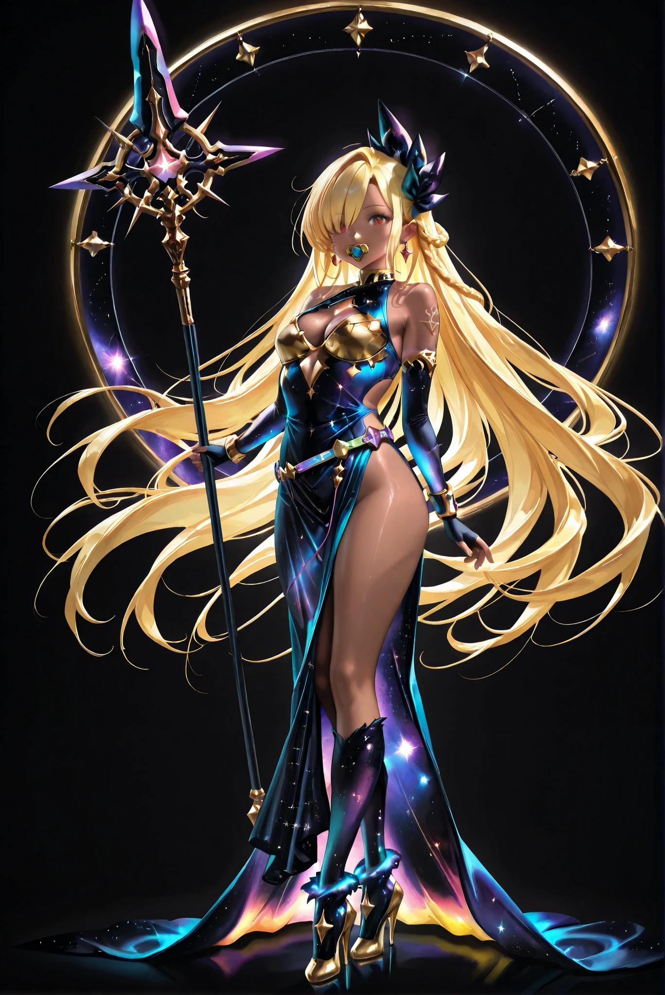 of_HARP, cosplay,
furry chest armor,
clothing cutout,
Galaxy belt, Galaxy bracers,
furry leg armor,
furry footwear,
armor,
bare shoulders,
fingerless gloves,
bracers,jewelry,
earrings,
weapon,
spear,
( stands,whole body, high heels, front view,Standing picture:1.7),HoleHeels,oval/Circle/Thorn/Horn Heels,, Limited Color Palette , Black Background ,Colorful, vivid colors ,Flashing silhouette ,neon,black light ,watch, Masterpiece, very beautiful ,, shiny skin, galaxy dress, backless dress, golden ornaments, arm tattoo, , Granblue_ fantasy, Helel_Ben_Shalem, dark skin, Blonde, long hair, braid, red eyes, pacifier,