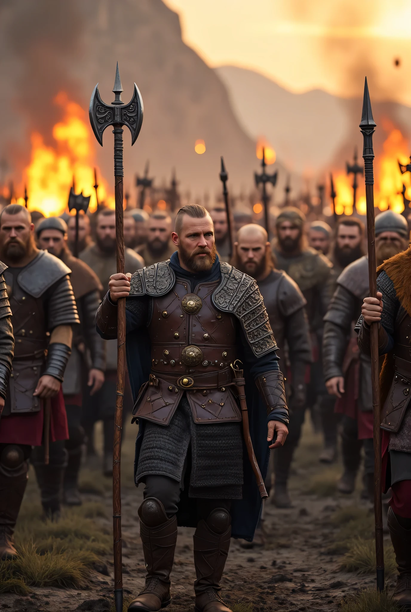 **Prompt:** Create an intricately detailed landscape scene of a Viking raiders tribe army during the medieval age, showcasing hyper-realism and a symmetrical composition. Capture the scene from an ultra-wide angle to immerse the viewer in this burning medieval village scenery. Illustrate the Viking raiders, clad in full armor, as they march into battle with fierce determination, wielding intricately designed holding battle axes. Emphasize dynamic leading lines that guide the eye through the image, highlighted by a rich UHD ambiance and a mixed lighting concept that enhances the realism of their expressions. Pay special attention to accurate group of human anatomy, focusing on their hands as they march orderly for combat. Zoom out to reveal the entire battle unit in all its fierce, ensuring a depth of field that enhances the visual impact. Utilize state-of-the-art 3D CGI textures to vividly bring this Viking tribe to life in a visually stunning piece of FantasyPunkAi Artwork.