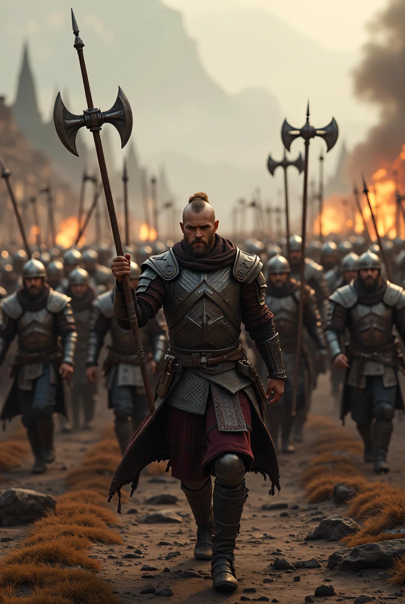 **Prompt:** Create an intricately detailed landscape scene of a Viking raiders tribe army during the medieval age, showcasing hyper-realism and a symmetrical composition. Capture the scene from an ultra-wide angle to immerse the viewer in this burning medieval village scenery. Illustrate the Viking raiders, clad in full armor, as they march into battle with fierce determination, wielding intricately designed holding battle axes. Emphasize dynamic leading lines that guide the eye through the image, highlighted by a rich UHD ambiance and a mixed lighting concept that enhances the realism of their expressions. Pay special attention to accurate group of human anatomy, focusing on their hands as they march orderly for combat. Zoom out to reveal the entire battle unit in all its fierce, ensuring a depth of field that enhances the visual impact. Utilize state-of-the-art 3D CGI textures to vividly bring this Viking tribe to life in a visually stunning piece of FantasyPunkAi Artwork.