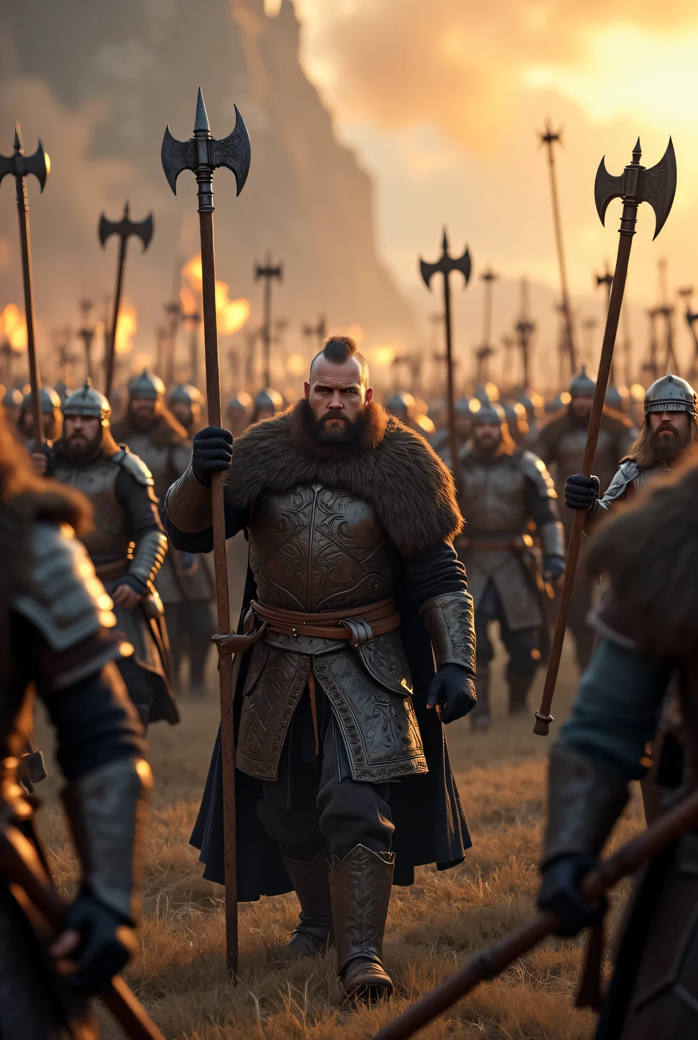 **Prompt:** Create an intricately detailed landscape scene of a Viking raiders tribe army during the medieval age, showcasing hyper-realism and a symmetrical composition. Capture the scene from an ultra-wide angle to immerse the viewer in this burning medieval village scenery. Illustrate the Viking raiders, clad in full armor, as they march into battle with fierce determination, wielding intricately designed holding battle axes. Emphasize dynamic leading lines that guide the eye through the image, highlighted by a rich UHD ambiance and a mixed lighting concept that enhances the realism of their expressions. Pay special attention to accurate group of human anatomy, focusing on their hands as they march orderly for combat. Zoom out to reveal the entire battle unit in all its fierce, ensuring a depth of field that enhances the visual impact. Utilize state-of-the-art 3D CGI textures to vividly bring this Viking tribe to life in a visually stunning piece of FantasyPunkAi Artwork.
