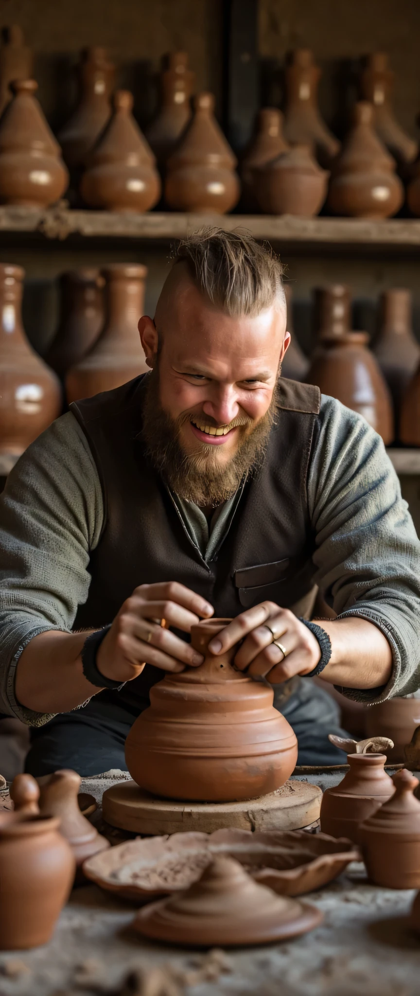 **Prompt**: medieval era, Using Unreal Engine 5, craft a breathtaking ultra HD 8K image that showcases a symmetrically balanced panoramic view of a talented Viking male potter. This full-body portrayal captures him in mid-action, forming a clay pot in his artisan workshop, which is filled with beautifully designed, textured clay pots that reflect the craftsmanship of a bygone era. His expression radiates joy and passion for his craft, embodying the spirit of creativity typical of ancient Viking artisans. The workshop itself should be richly detailed, with symmetrical elements and leading lines that guide the viewer's gaze through the scene. Implement soft, natural lighting to enhance the three-dimensionality of the space while achieving a full depth of field. Pay close attention to the anatomical precision of his hands, ensuring that the intricate details of human fingers are rendered with realism. Additionally, include elements like glistening hair and a warm, inviting atmosphere to create a lifelike environment, reminiscent of the highest-quality artwork typically showcased on ArtStation and DeviantArt.