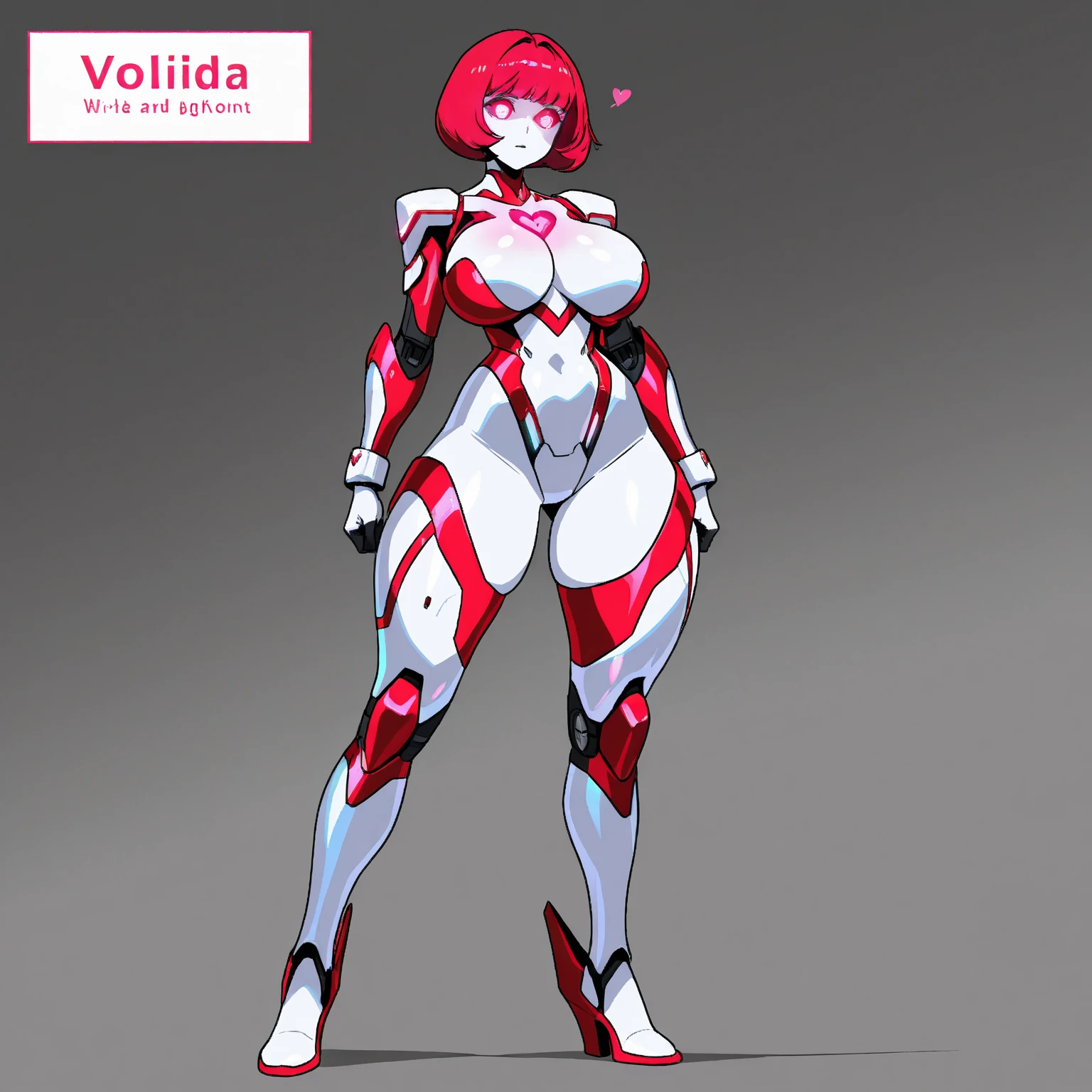 Character sheet, full body, front view, back view, and side view, Bunny woman with tight superhero outfit, short pink hair, red eyes, athletic body, large breasts, pink gloves, white clothing, boots roses, specifications, full body, superhero pose
