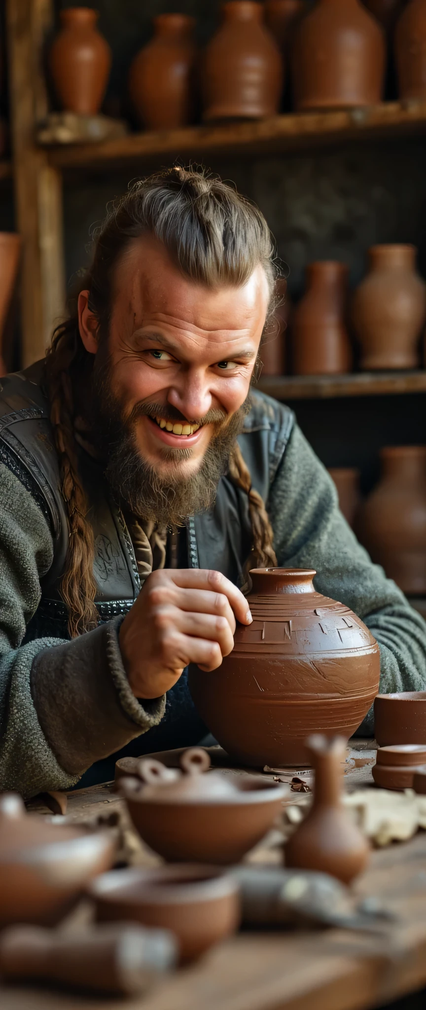 **Prompt**: medieval era, Using Unreal Engine 5, craft a breathtaking ultra HD 8K image that showcases a symmetrically balanced panoramic view of a talented Viking male potter. This full-body portrayal captures him in mid-action, forming a clay pot in his artisan workshop, which is filled with beautifully designed, textured clay pots that reflect the craftsmanship of a bygone era. His expression radiates joy and passion for his craft, embodying the spirit of creativity typical of ancient Viking artisans. The workshop itself should be richly detailed, with symmetrical elements and leading lines that guide the viewer's gaze through the scene. Implement soft, natural lighting to enhance the three-dimensionality of the space while achieving a full depth of field. Pay close attention to the anatomical precision of his hands, ensuring that the intricate details of human fingers are rendered with realism. Additionally, include elements like glistening hair and a warm, inviting atmosphere to create a lifelike environment, reminiscent of the highest-quality artwork typically showcased on ArtStation and DeviantArt.