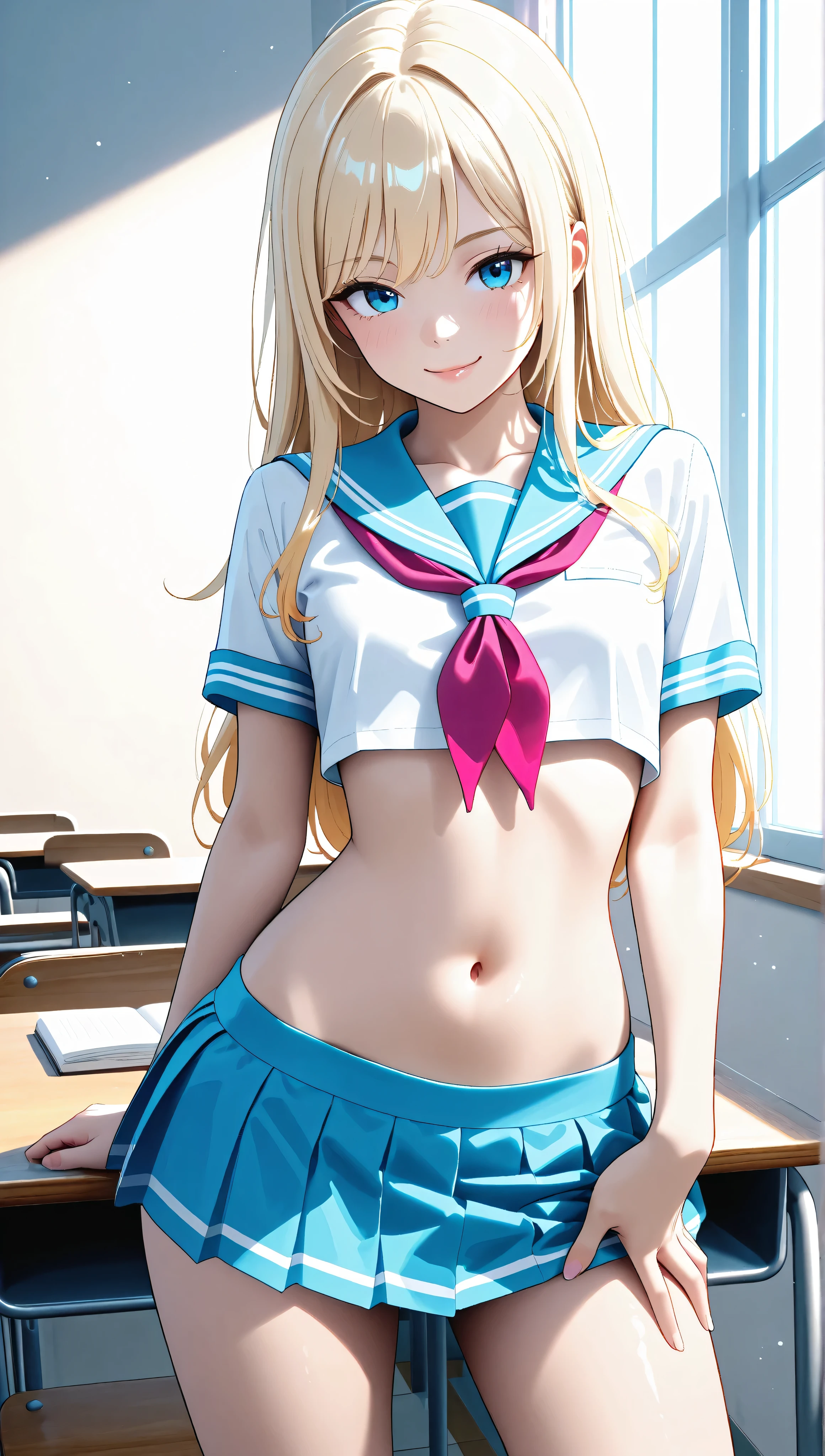 Cute **** blonde girl wearing very very revealing pink high-school uniform in classroom (small crop-top and miniskirt) blue eyes, makup, seductive smile, sexy pose
