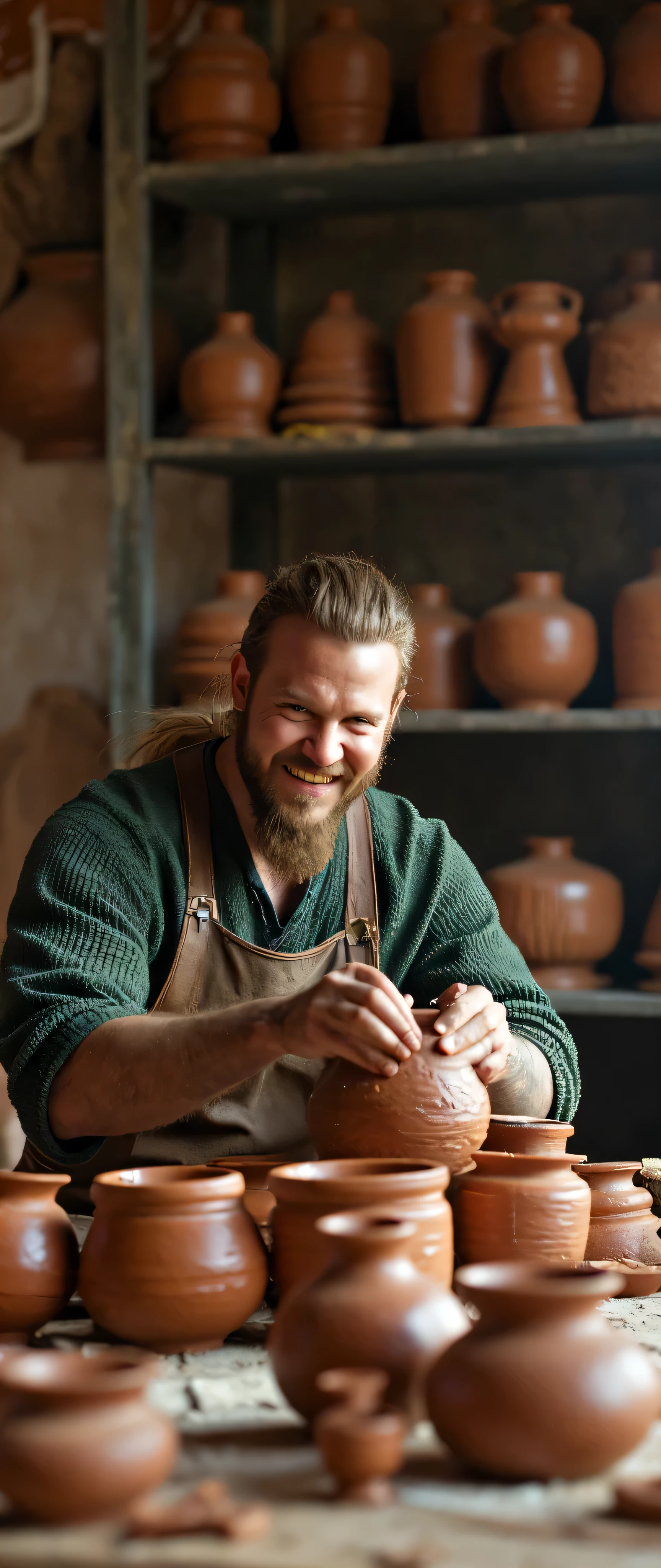 **Prompt**: medieval era, Using Unreal Engine 5, craft a breathtaking ultra HD 8K image that showcases a symmetrically balanced panoramic view of a talented Viking male potter. This full-body portrayal captures him in mid-action, forming a clay pot in his artisan workshop, which is filled with beautifully designed, textured clay pots that reflect the craftsmanship of a bygone era. His expression radiates joy and passion for his craft, embodying the spirit of creativity typical of ancient Viking artisans. The workshop itself should be richly detailed, with symmetrical elements and leading lines that guide the viewer's gaze through the scene. Implement soft, natural lighting to enhance the three-dimensionality of the space while achieving a full depth of field. Pay close attention to the anatomical precision of his hands, ensuring that the intricate details of human fingers are rendered with realism. Additionally, include elements like glistening hair and a warm, inviting atmosphere to create a lifelike environment, reminiscent of the highest-quality artwork typically showcased on ArtStation and DeviantArt.