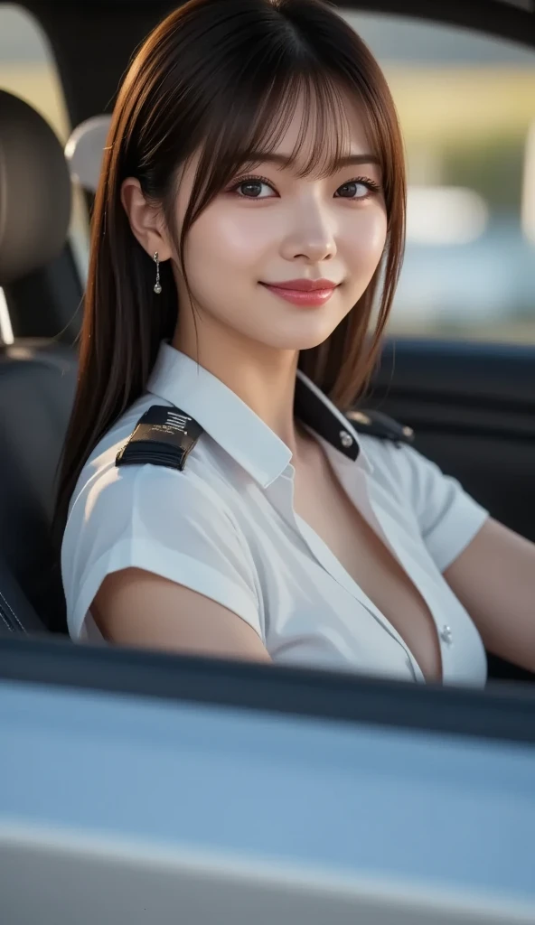 (Highly detailed CG Unity 8k wallpaper, of the highest quality, Ultra-detailed, High resolution, masutepiece, Realistic, Photorealistic:1.5), (cute Japanese girls), extra detailed face, Face Focus, Beautiful detailed eyes, Eye focus, (Detailed background), detailed clothes, super detailed skin, BREAK, Flight attendant, uniform, Planes, Provision of services to passengers, Provide safety precautions, Response to emergencies, BREAK, Midi wavy hair, Brown hair, Floating hair, medium breasts, medium ass, (make up), (Adorable smile:1.3), (POV:1.6),