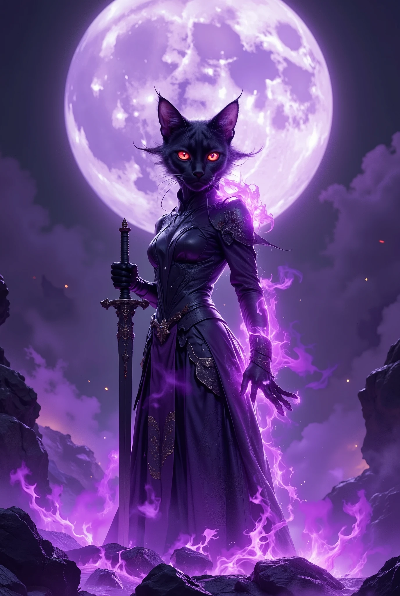 masterpiece,high resolution,super realistic, ,cinematic lights,realistic flames,
, onfire,cat,purple flames,night,moon,cat focus,halloween,scary,glowing cat eyes，masterpiece, best quality, good quality, very awa, very aesthetic, absurdres, newest, onfire,purple flames,purple fire, 1girl, solo, long_hair, black_hair, gloves, red_eyes, holding, closed_mouth, standing, ponytail, weapon, outdoors, sky, japanese_clothes, black_gloves, sword, fingerless_gloves, holding_weapon, armor, from_side, torn_clothes, profile, blood, night, glowing, scar, holding_sword, moon, katana, shoulder_armor, full_moon, pauldrons, blood_on_face, japanese_armor, arm_guards, red_theme, blood_on_weapon, glowing_weapon, red_moon, energy_sword, red_sky, glowing_sword, huge_moon, lightsaber, ,
