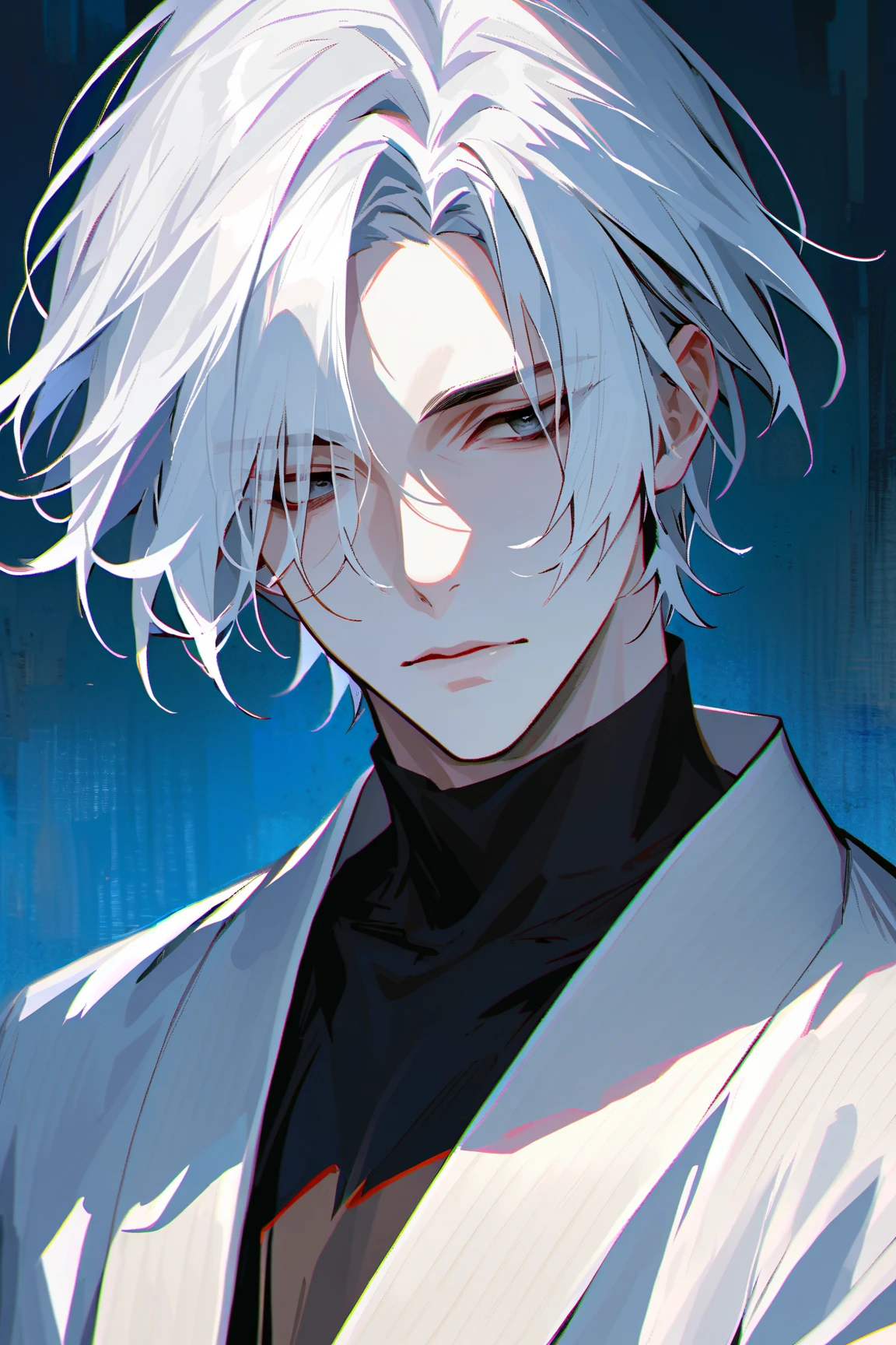 impasto, short hair, masterpiece, best quality, 1 man , white hair , perfect face , black eye , handsome male , Alone, pale skin , adult male , upper body , delicate line drawing,Extremely detailed , a faint smile, black turtleneck