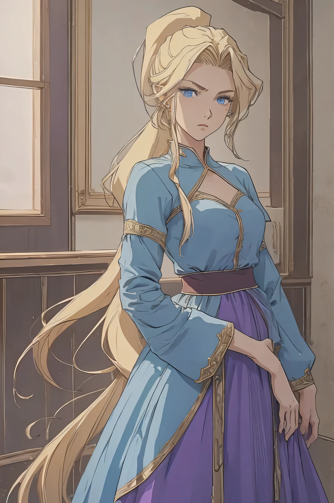 create a female human warrior of about 22 years old, with long, blonde ponytail hair and blue eyes, with a calm look and wearing a purple dress