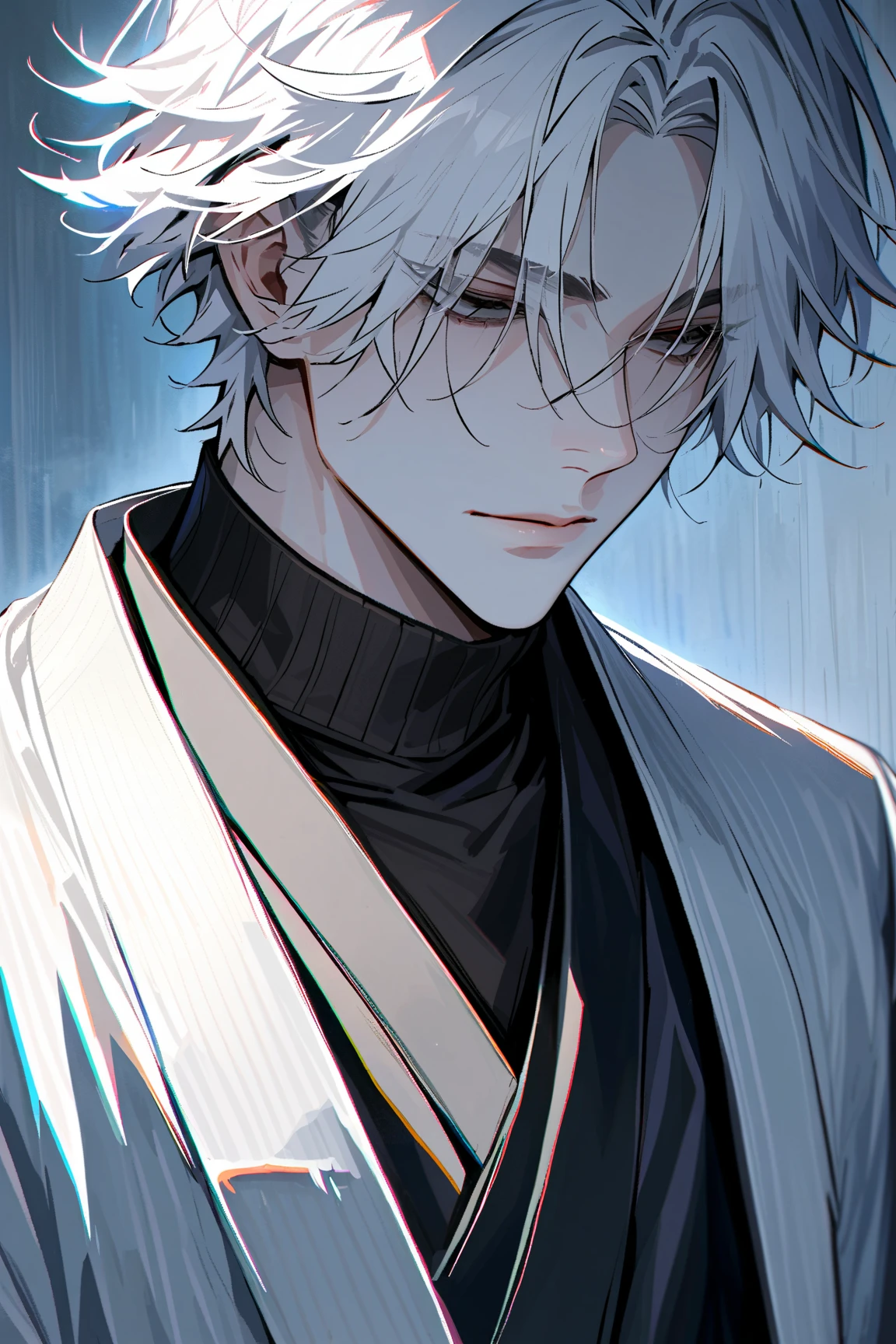 impasto, short hair, masterpiece, best quality, 1 man , white hair , perfect face , black eye , handsome male , Alone, pale skin , adult male , upper body , delicate line drawing,Extremely detailed , a faint smile, black turtleneck