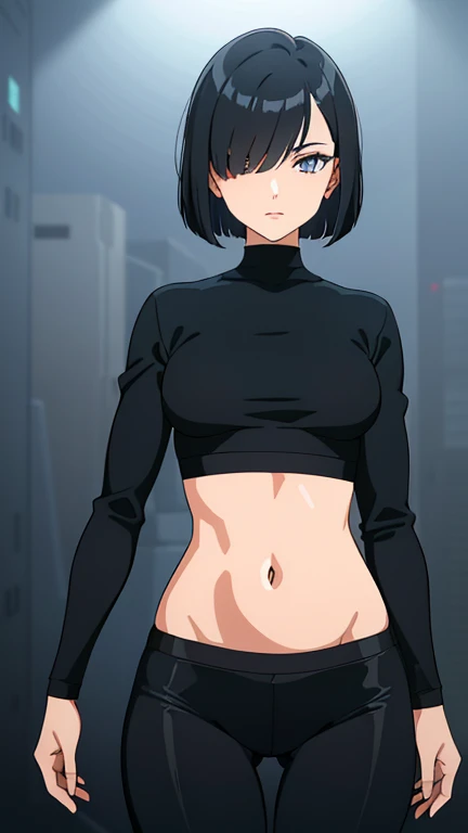 gym background、Super detailed illustrations、angry expression、masterpiece、highest quality、ultra high resolution、high resolution、(Sweat、body fluid)、shiny skin、black hair、very short hair、color red eyes、white croptop turtleneck、sleeveless、Standing picture、hot pants、put hands behind head, armpits, armpits visible, very large breasts, looking at viewer