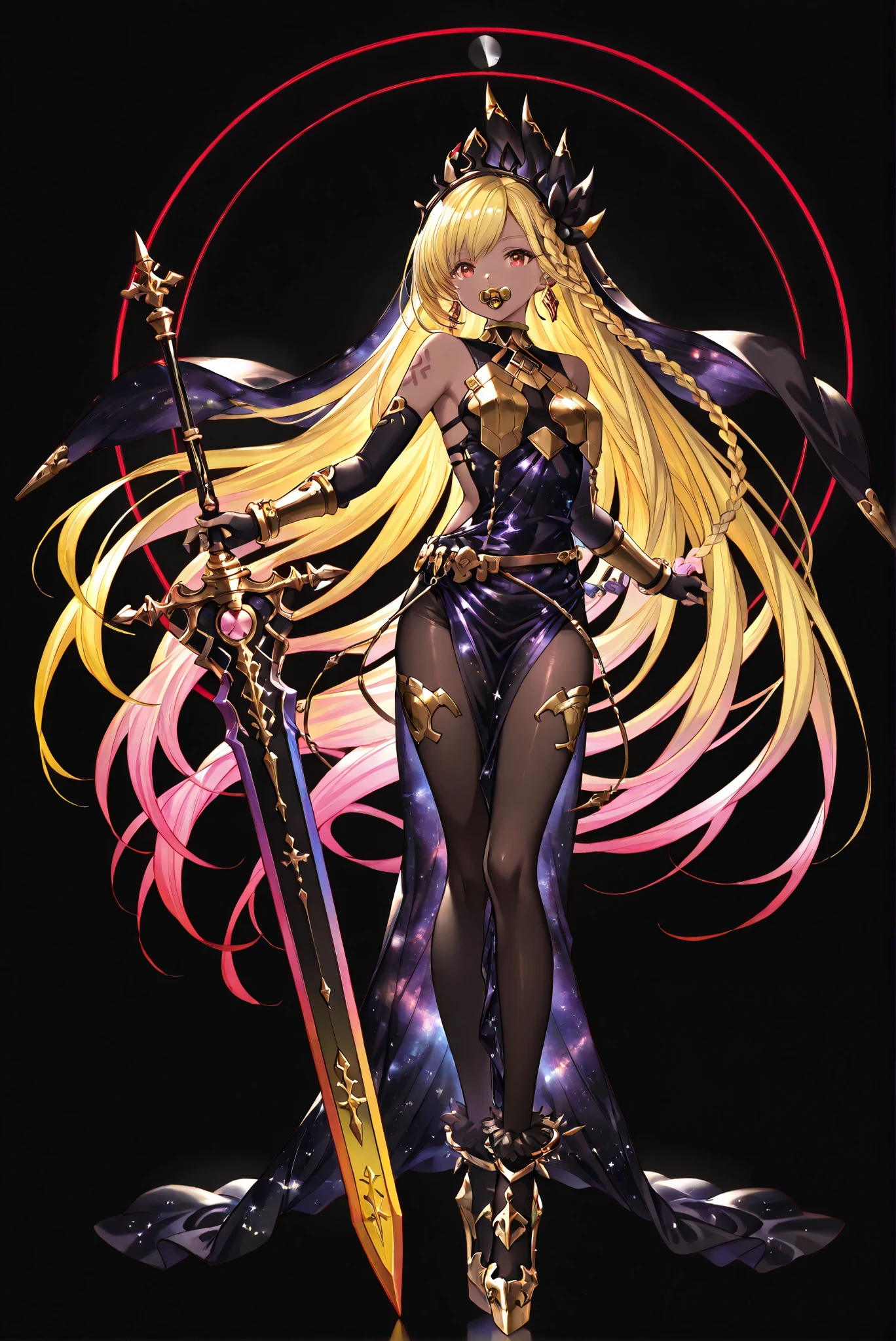 of_HARP, cosplay,
furry chest armor,
clothing cutout,
furry belt, furry bracers,
furry leg armor,
furry footwear,
armor,
bare shoulders,
fingerless gloves,
bracers,jewelry,
earrings,
weapon,
Great sword,sword,圣sword,神sword
holding weapon,
ruanyi0847,bodysuit,breast curtains,dress,nun,pantyhose,pelvic curtain
( stands,whole body, high heels, front view,Standing picture:1.7),HoleHeels,oval/Circle/Thorn/Horn Heels,, Limited Color Palette , Black Background ,Colorful, vivid colors ,Flashing silhouette ,neon,black light ,watch, Masterpiece, very beautiful ,, shiny skin, galaxy dress, backless dress, golden ornaments, arm tattoo, , Granblue_ fantasy, Helel_Ben_Shalem, dark skin, Blonde, long hair, braid, red eyes, pacifier,