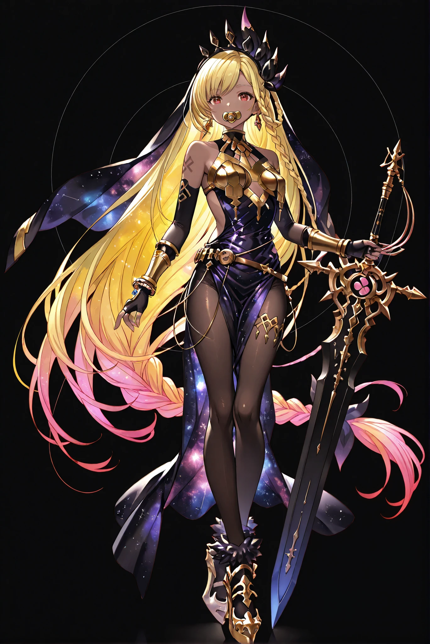 of_HARP, cosplay,
furry chest armor,
clothing cutout,
furry belt, furry bracers,
furry leg armor,
furry footwear,
armor,
bare shoulders,
fingerless gloves,
bracers,jewelry,
earrings,
weapon,
Great sword,sword,圣sword,神sword
holding weapon,
ruanyi0847,bodysuit,breast curtains,dress,nun,pantyhose,pelvic curtain
( stands,whole body, high heels, front view,Standing picture:1.7),HoleHeels,oval/Circle/Thorn/Horn Heels,, Limited Color Palette , Black Background ,Colorful, vivid colors ,Flashing silhouette ,neon,black light ,watch, Masterpiece, very beautiful ,, shiny skin, galaxy dress, backless dress, golden ornaments, arm tattoo, , Granblue_ fantasy, Helel_Ben_Shalem, dark skin, Blonde, long hair, braid, red eyes, pacifier,