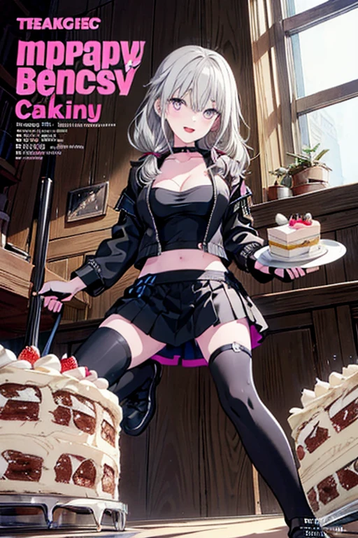 1 girl, small nose, very beautiful detailed face and eyes, bright colors, cute face, delicate beautiful face, Bright magenta eyes, cute eyes, sparkling eyes, Big eyes, (small breasts:1.3), (perky chest:1.1), (pointed chest:1.0), (cake magazine cover:1.3),highest quality, WorKs of masters, High resolution, Blonde color hair,shiny hair, side ponytail,hair between eyes,bangs, (black jacket, real clothes, cleavage, black skirts, black thighhighs, thigh strap, fingerless gloves, single glove:1.2) , spread legs, panties shot, medium hips, glamorous body, white skin, smile, thin pubric hair, super beautiful face, Super beautiful eyes, Super beautiful hair,trendy outfit,sexy and attractive,full body esbian, Real World, Natural light,perfect Natural light,(with sparkling eyes and a contagious smile), This masterpiece is not only visually stunning but also tells, make of cake cooking , in the kitchen, open mouth, looking at viewer,