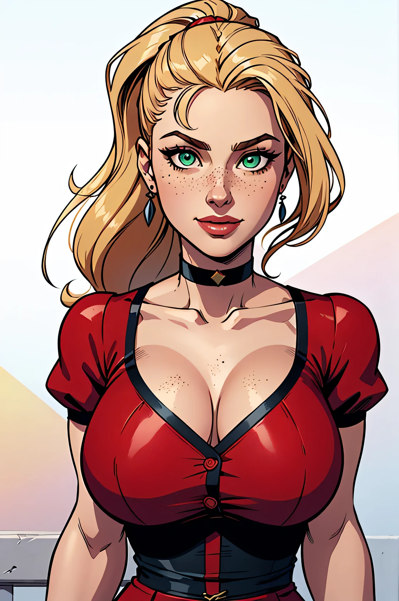 ( absurd, high quality , ultra detailed, be careful with your hand) close up of an athletic woman, slim and curvy (Scarlett Final Fantasy), 25 years, 8k (( High Definition)), beautiful smile, Seductive look, green eyes, nose fine, wearing a red dress ((V-neck with black collar , buttons, short sleeves , choker)), thin waist, arms positioned on the sides of the body, pele caucasiana, long blond hair (( with ponytail and fringe)), she's standing (( upper body)), with freckles on the chest and neck , (( large, round breasts )), ((Well defined collarbone)). Marvel style (( high quality )), white background.