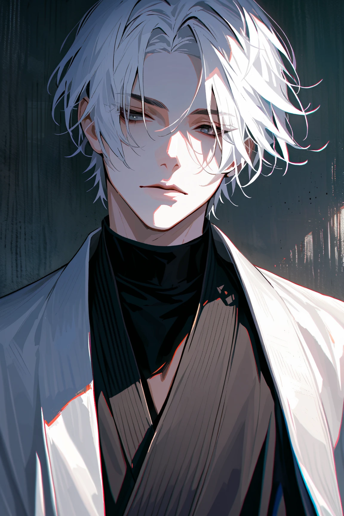 impasto, short hair, masterpiece, best quality, 1 man , white hair , perfect face , black eye , handsome male , Alone, pale skin , adult male , upper body , delicate line drawing,Extremely detailed , a faint smile, black turtleneck