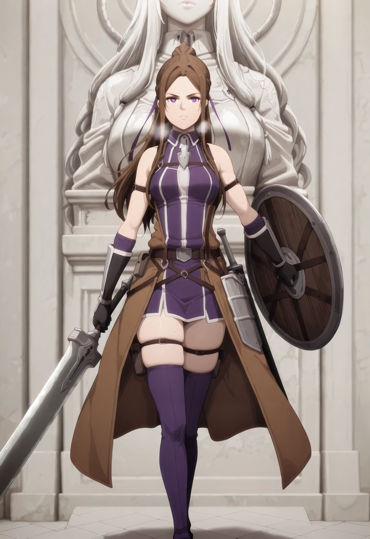 (Luxu-style:1.2), masterpiece, high quality, absurdres, best quality, very aesthetic, newest, anatomical correct, HD, 4K, digital art, trending on DeviantArt, gasping, heavy breathing, excessive sweating, sweating, sweating profusely, gasping profusely, cinematic, ((skindentation)), ((voluptuous)), sortilienaserlut, long hair, brown hair, long sidelocks, french baird, ponytail, purple eyes, medium breasts, white hair ribbon, bright pupils, 1girl, breasts, shield, looking_at_viewer, solo, weapon, gloves, full_body, holding, snake_hair, snake, standing, holding_weapon, black_gloves, bare_shoulders, heavy sword, statue,