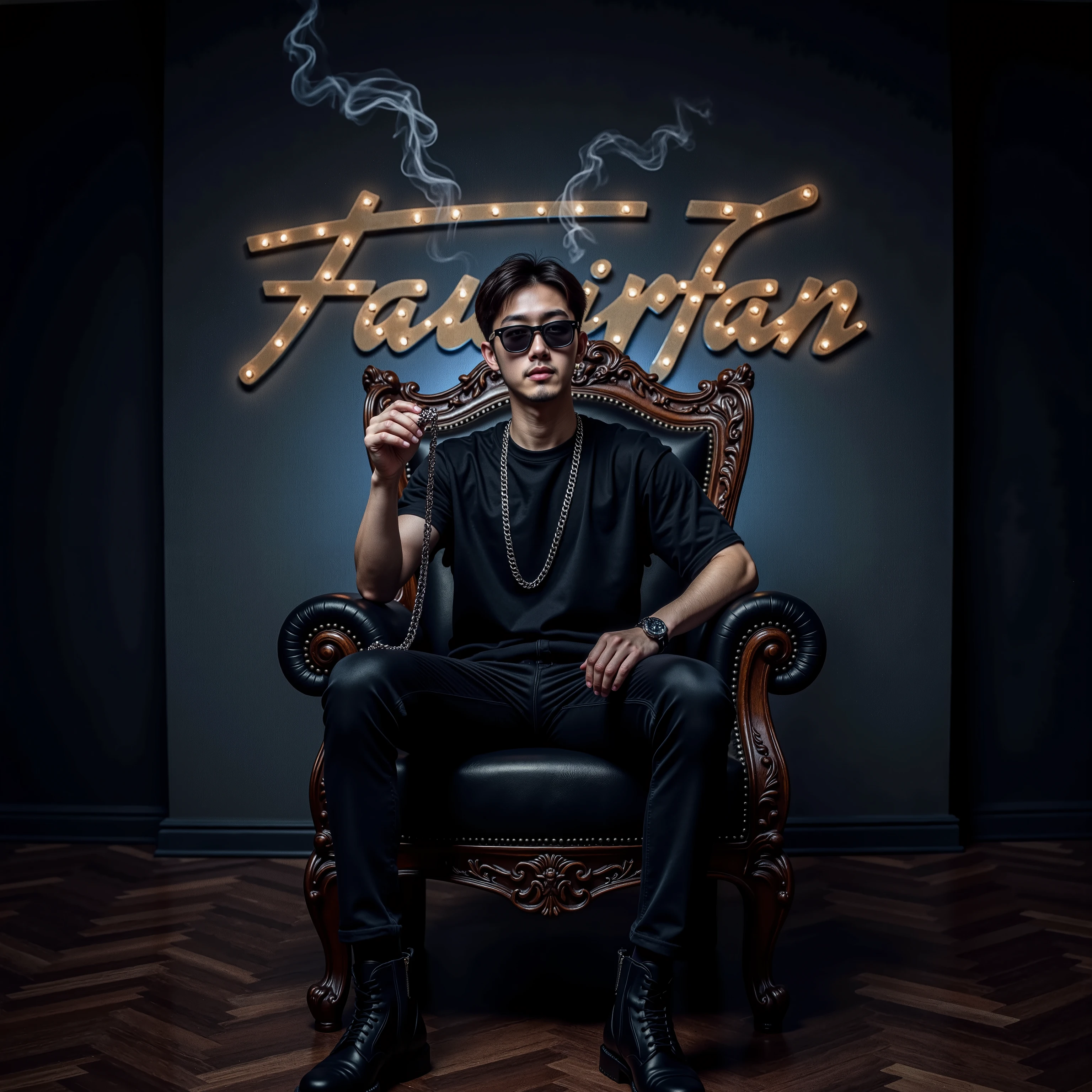 Create a picture of the majestic king asian guy funny face korean handsome cool hair 'chair, with an 18 year old korean boy sitting gracefully on it. He holds a silver chain with a 3D nameplate that reads ' "Fauziirfan " ' on the back wall with bold metal letters , Bright lit writing , bouncing glare . Createmeplate decorated with smoke and Neon lights, creating a dramatic and futuristic effect . The chair is placed in a dimly lit room , large room with a dark gradation background ., menyoroti anak laki-laki dan chair. sunglasses, Stylish hair . 4K wallpaper