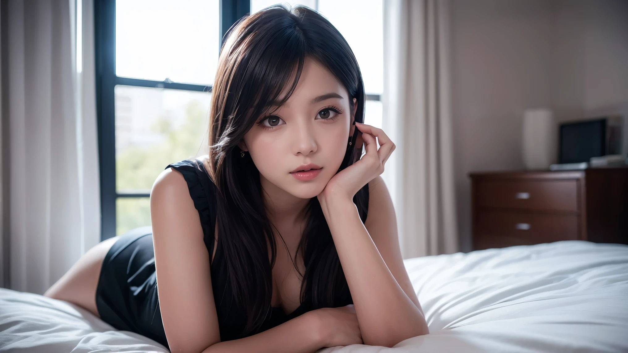 a beautiful 18 year old slim sexy female, black short sleeve nightdress, laying on a bed, visible legs, touching herself